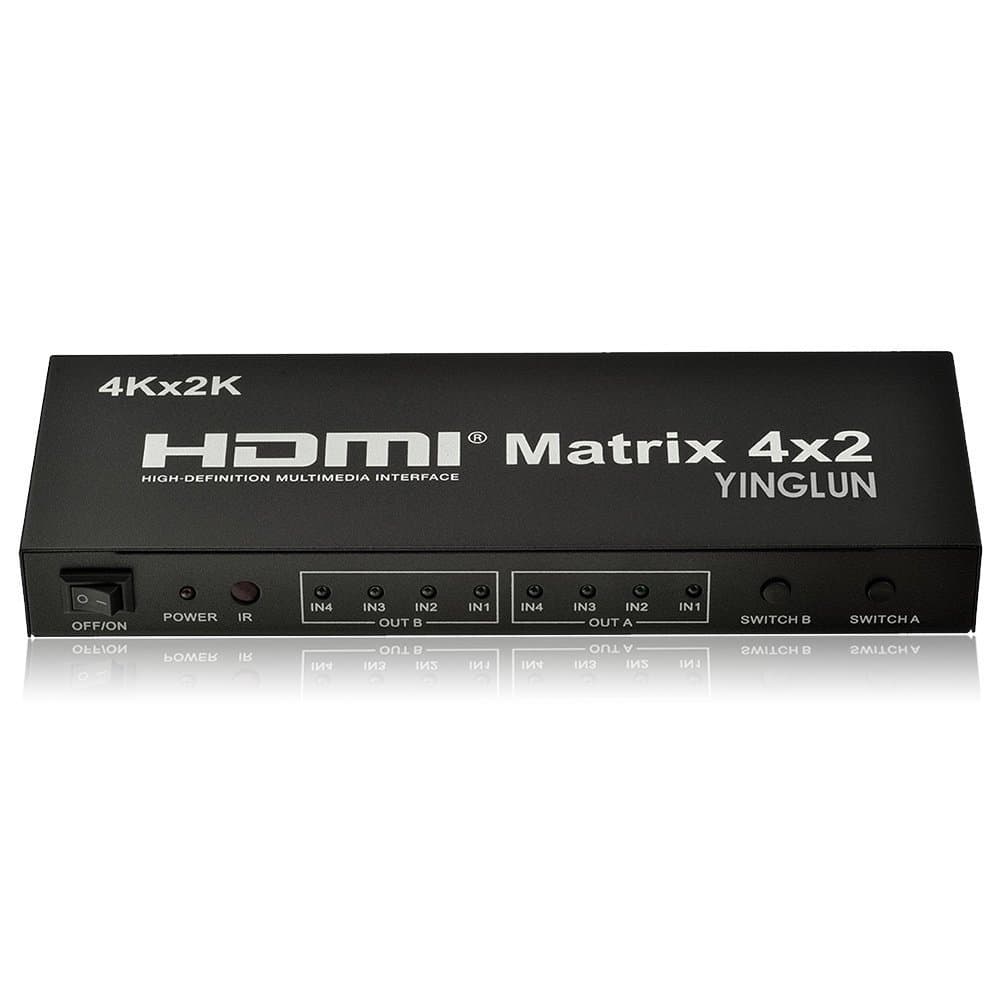 YINGLUN 4x2 HDMI Matrix HDMI Switch Splitter 4K Support 3.5 mm Audio Output and Optical Output with Remote Control for DVD Players A/V Receivers and Set Top Boxes