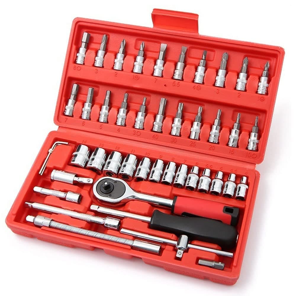 1/4'' Drive Socket Ratchet Wrench Set with Storage Case, Includes Metric Bit Socket Set and Extension Bar for Auto Repair and Home Maintenance (One Size 46Pcs)