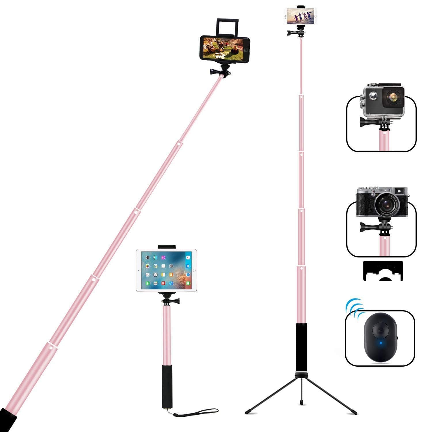MFW Bluetooth Selfie Stick with Tripod, Remote 59Inch Extendable Monopod with Tripod Stand for iPhone X/XS max/XR/8/7/6/Plus,iPad,Samsung S9 S7/S8, LG, Google Pixel Android,GoPro Cameras (Rose Gold)