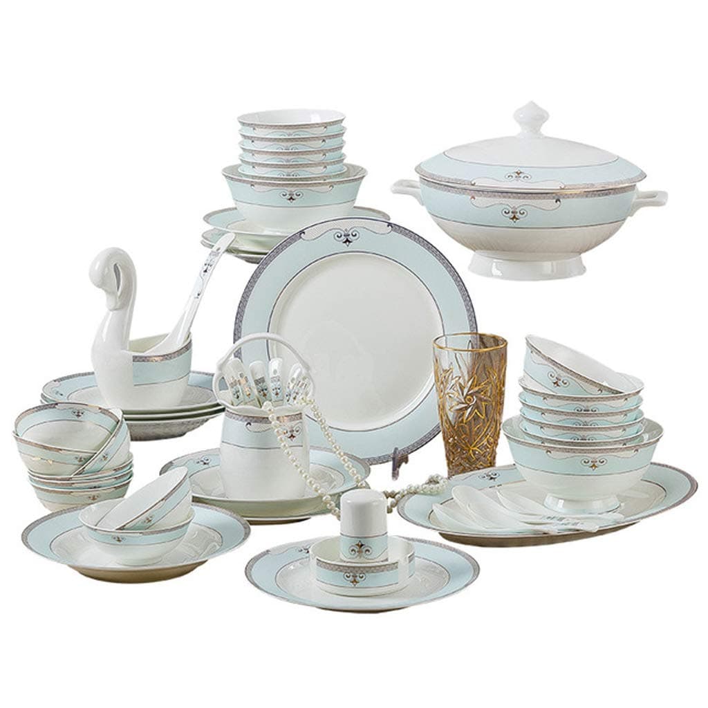 AMINSHAP 60-Piece Dinner Combi-Set, China Ceramic Cream White Dinner Combi-Set of Dessert Plates Soup Plates Dinner Plates & Saucers Set Service for 12(Blue)