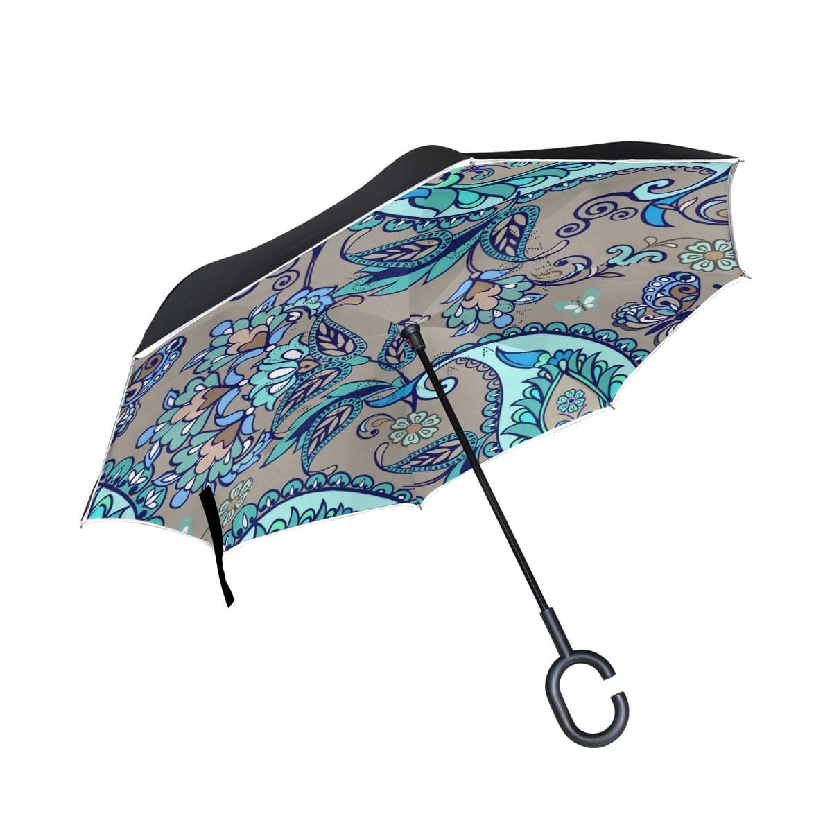 Double Layer Inverted Umbrella Windproof Outdoor Rain Sun Car Reverse Umbrellas with C-Shaped Handle - Oriental Seamless Paisley Pattern Floral Wallpaper