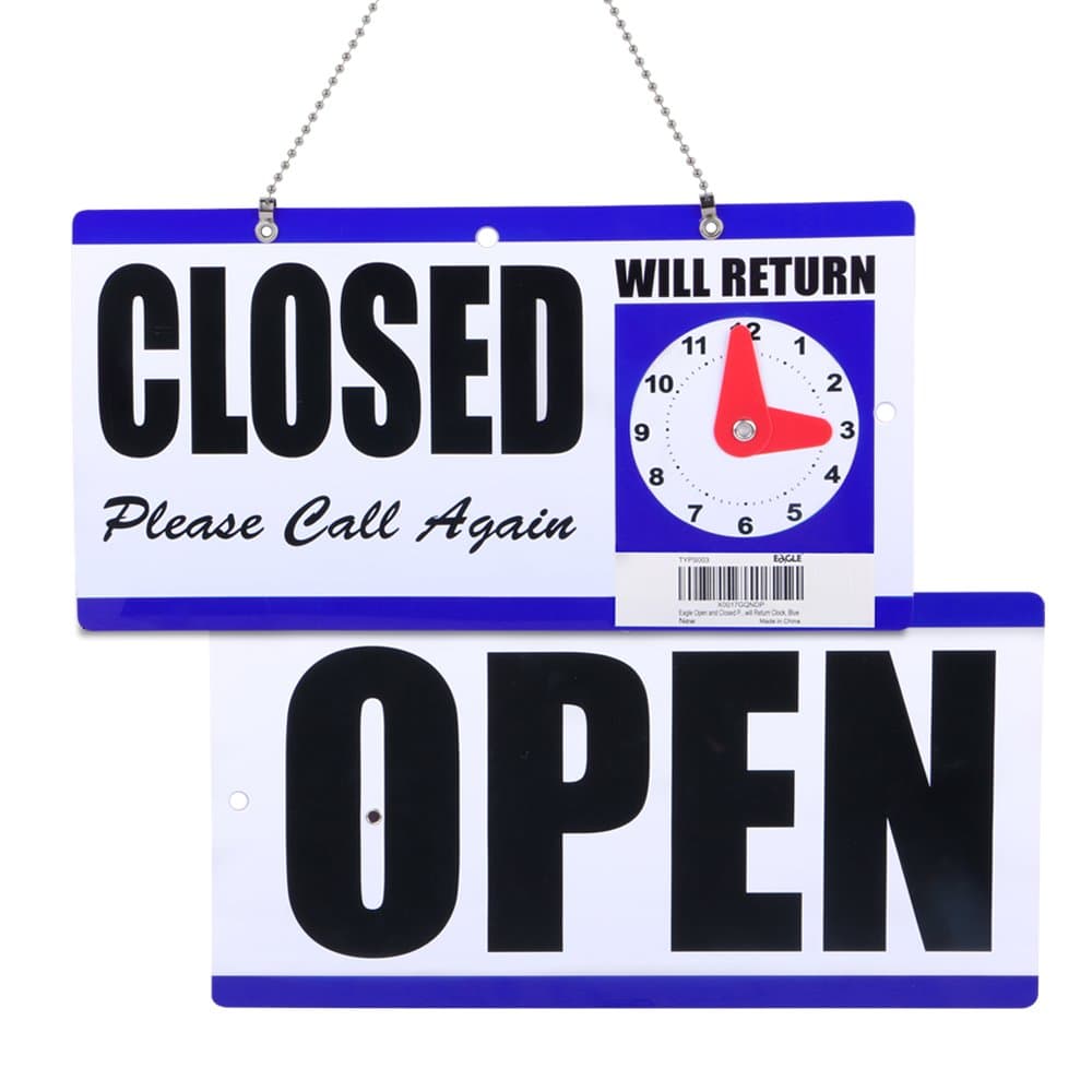 Eagle Open and Closed Sign, Plastic, with Hanging Chain, Dual Sides with “Will Return” Clock, 6X11.5-Inches