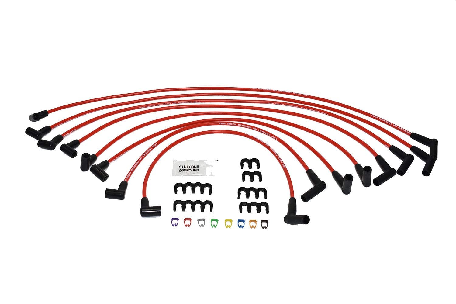 A-Team Performance Silicone Spark Plug Wire Set - Red, 8.0mm, 45° & 90° Boots - Red Silicone & Plug Wires - Compatible with SBF Small Block Ford 221-302, 351W, BOSS 302 & HEI Distributor Caps