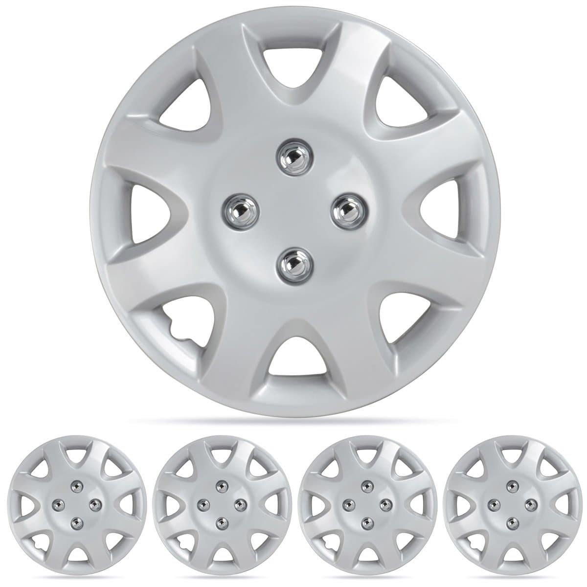 BDK 4-Pack 14" Snap-On Hubcaps Wheel Covers, Universal Fit for OEM Factory Replacement Wheels and Rims, Exterior Car Accessories Impact Resistant Automotive Rim Protectors - Multi-Spoke (Set of 4)