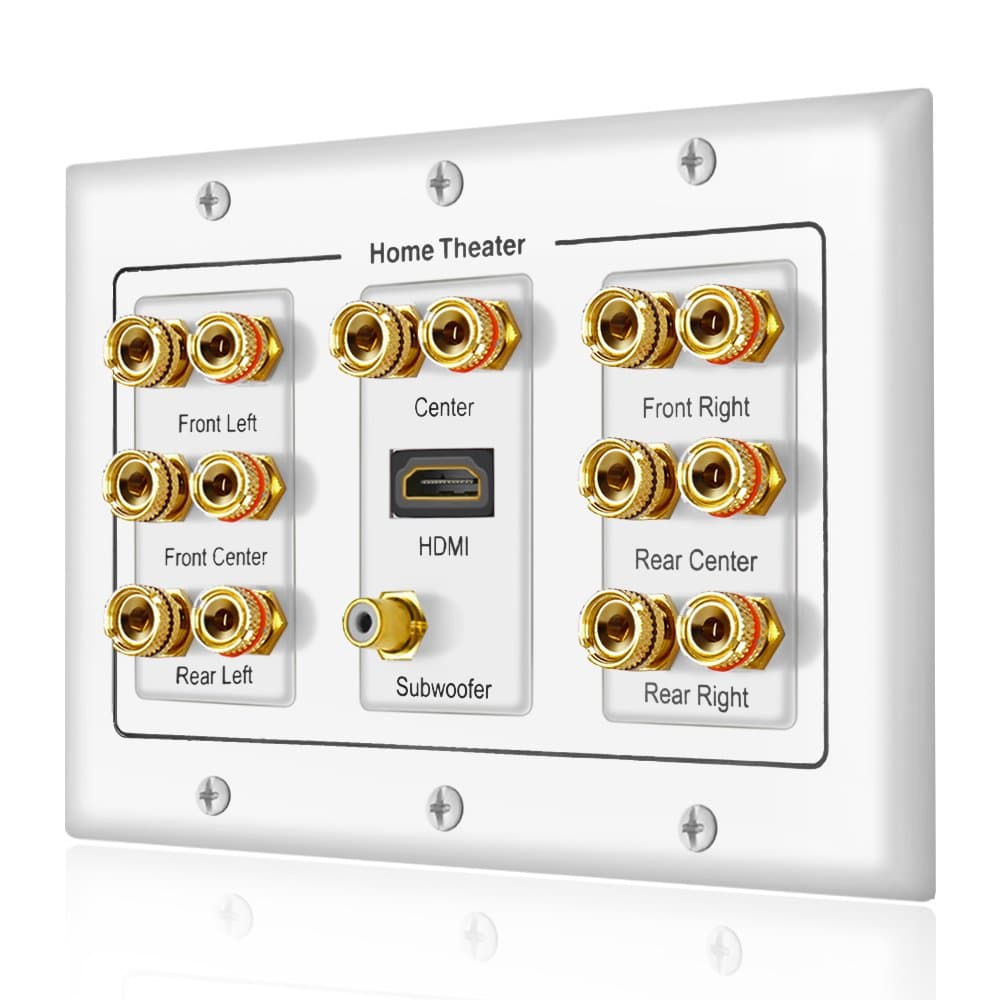 7.1 Home Theater Banana Binding Post Coupler Type Wall Plate for 7 Speakers, 1 RCA Jack for Subwoofer & 1 HDMI Port