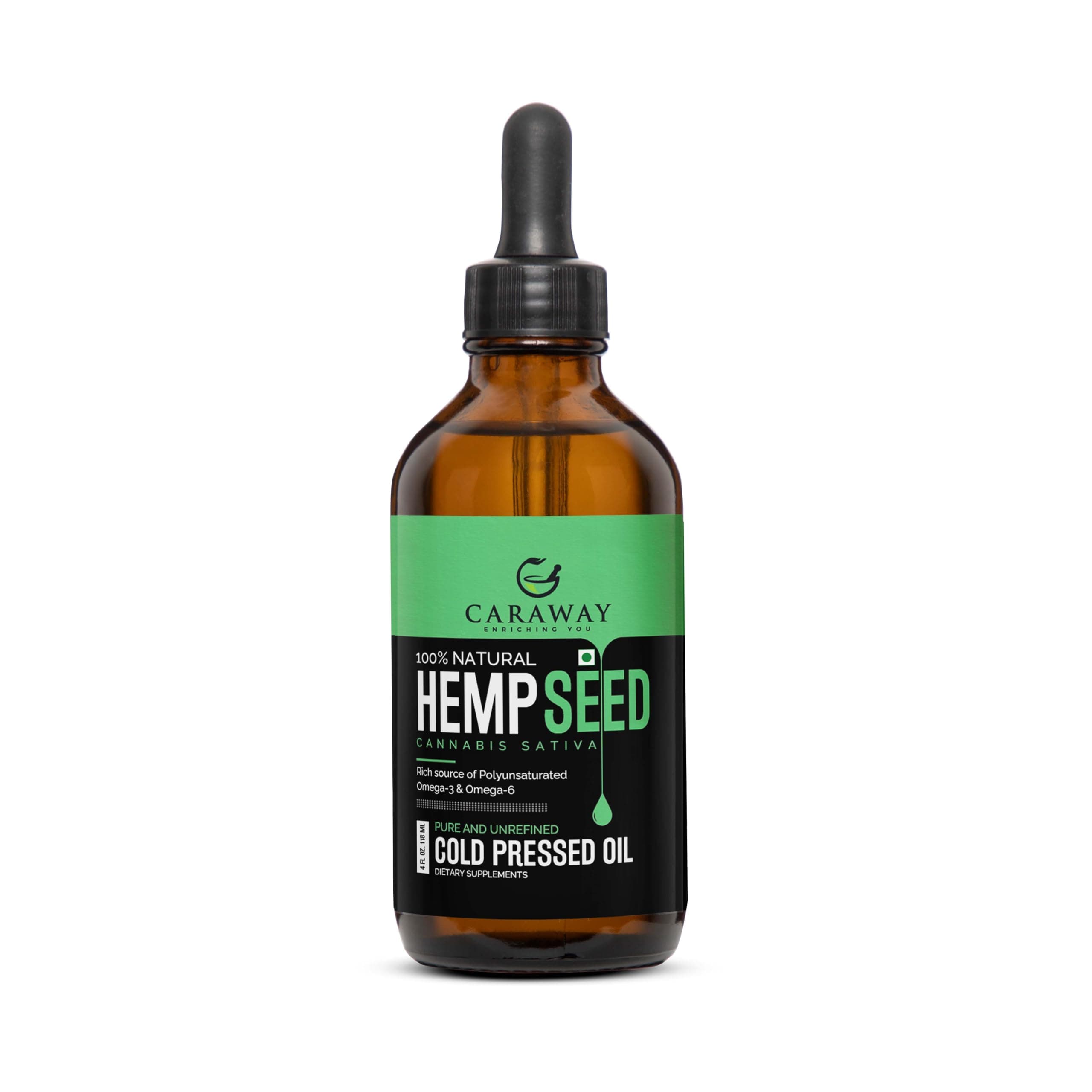 CARAWAY® Hemp Seed Oil Cold Pressed | Extracted Using Hemp Hearts Seeds - Omega 3 & Omega 6 in Gold Ratio | Meets all FSSAI standards | For Oral and Topical Use | Glass Bottle - 100 ml