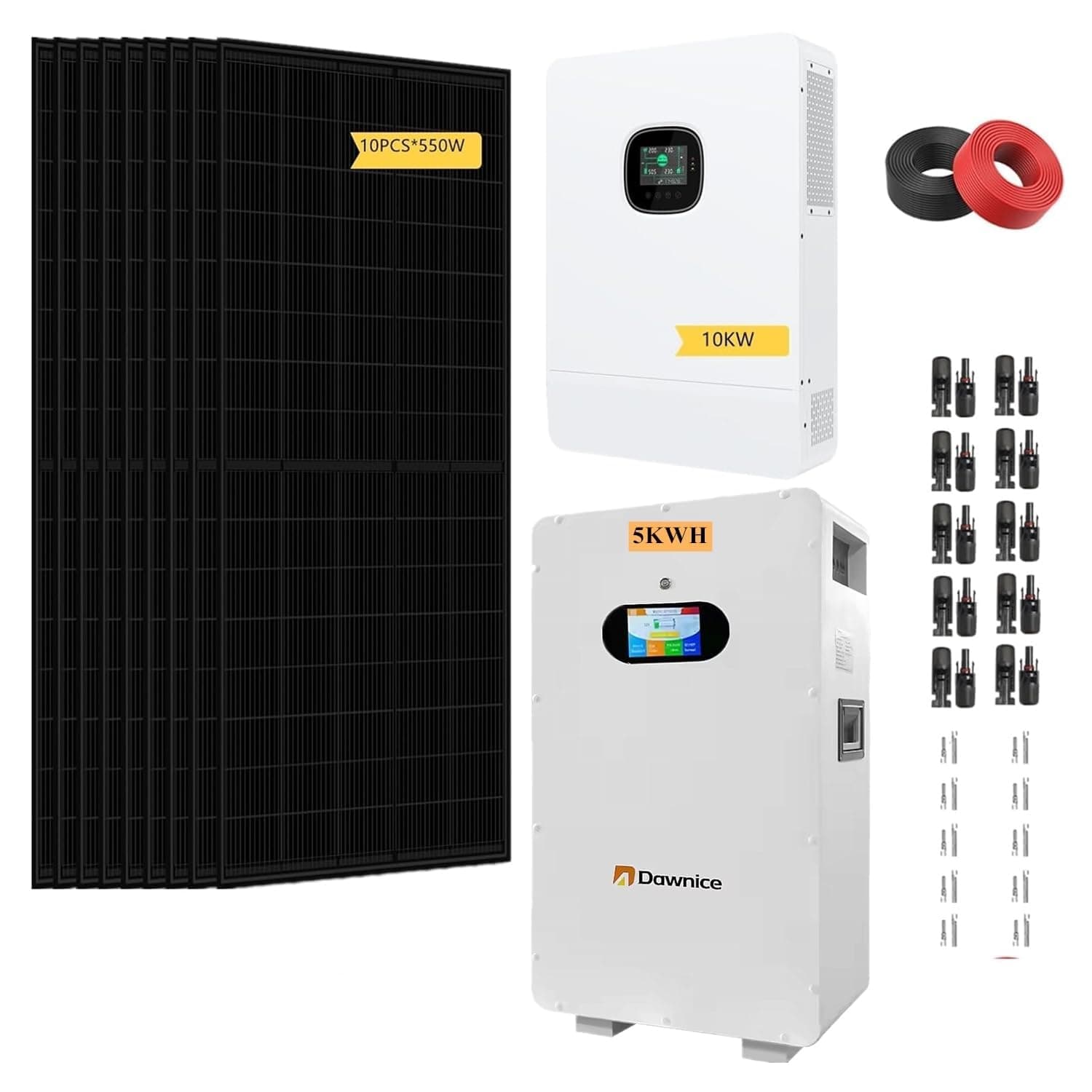 10KW Off Grid Solar System Complete Kit 48V 5KWH Kit Home Solar Power System Complete Kit with 10PCS*550W Solar Panels, 10KW Inverter, 51.2V 100Ah 5KWH LiFeP04 Battery