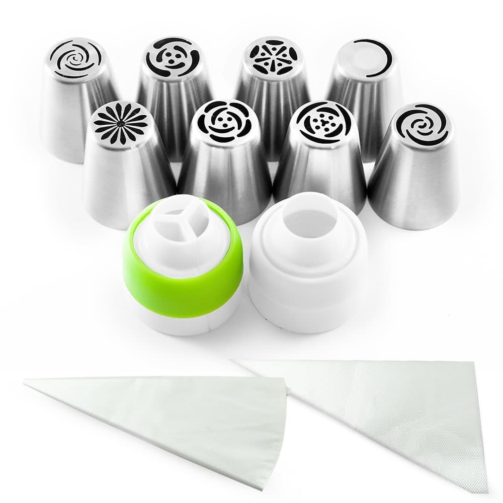 Russian Piping Tips | cake decorating set | 21PCS cupcake decorating | 8 icing Tips | 1 Reusable Cotton pastry Bag | 10 Disposable Pastry Bags | Single Coupler | TriColor Coupler | Articook