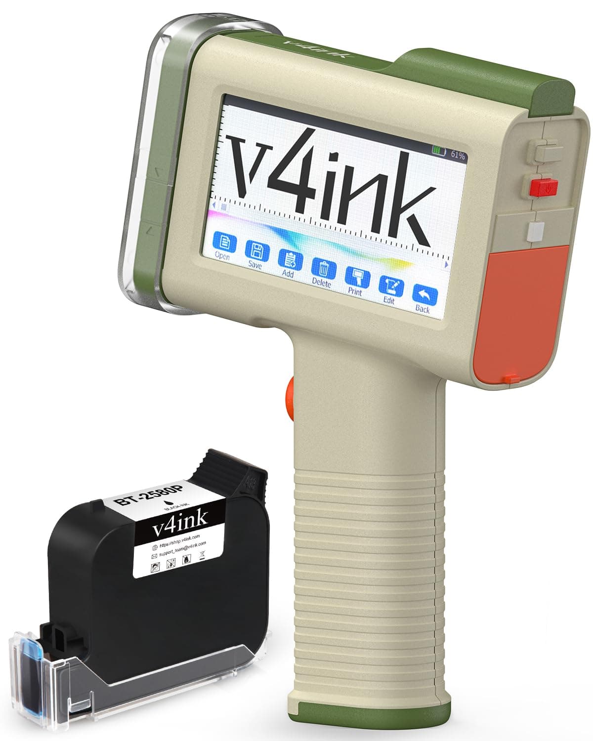 v4ink Handheld Printer BT-HH6105B2 Beige Handheld Inkjet Printer Print 0.5 Inch QR Code Barcode Date Logo Batch Number on Glass Bag Plastic Pipe with Waterproof Fast Dry Ink
