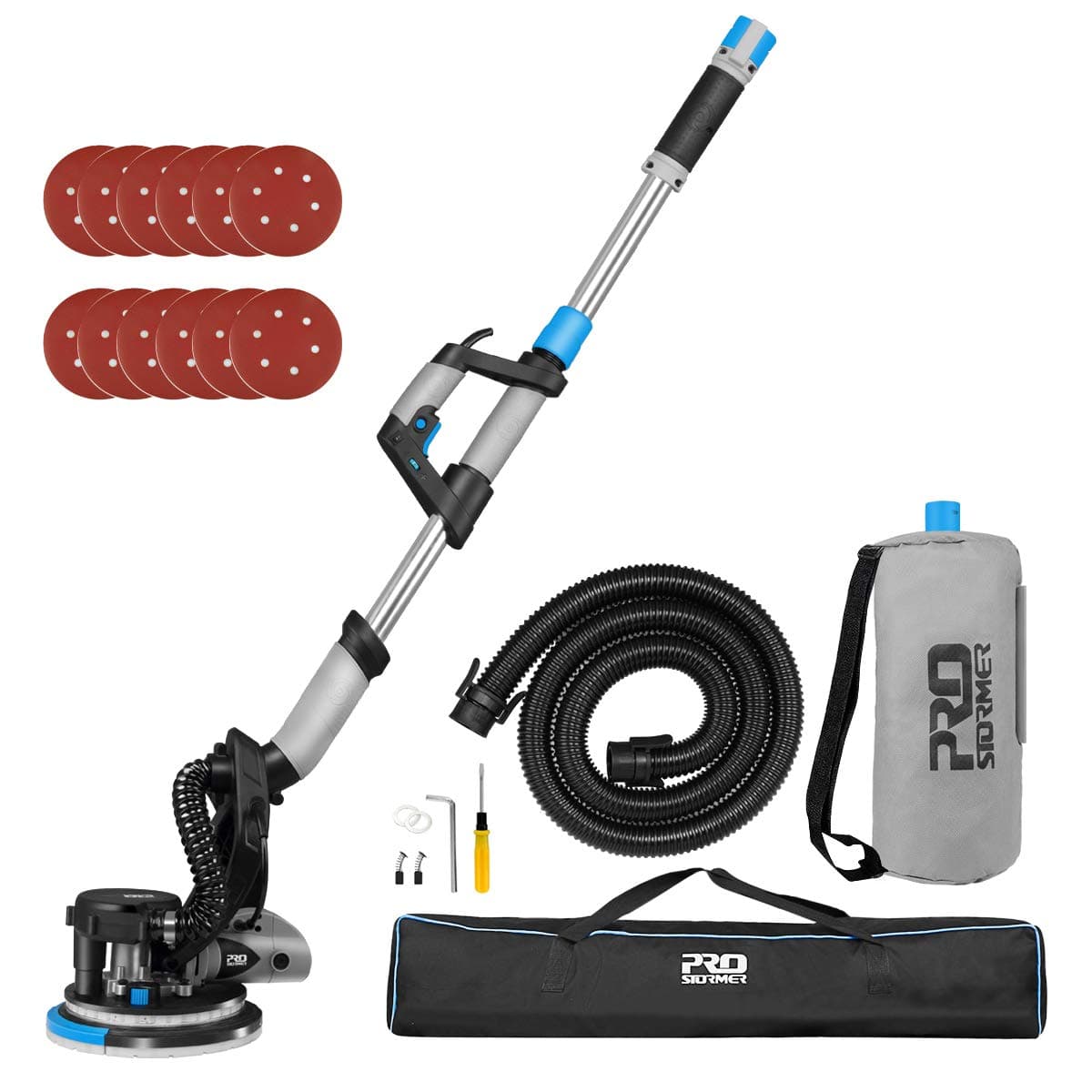 PROSTORMER Electric Drywall Sander with Automatic Vacuum System, 6.5A Drywall Sander Variable Speed 500-1800RPM with LED Light, 12Pcs Sanding Pads, Extendable Handle and Carrying Bag