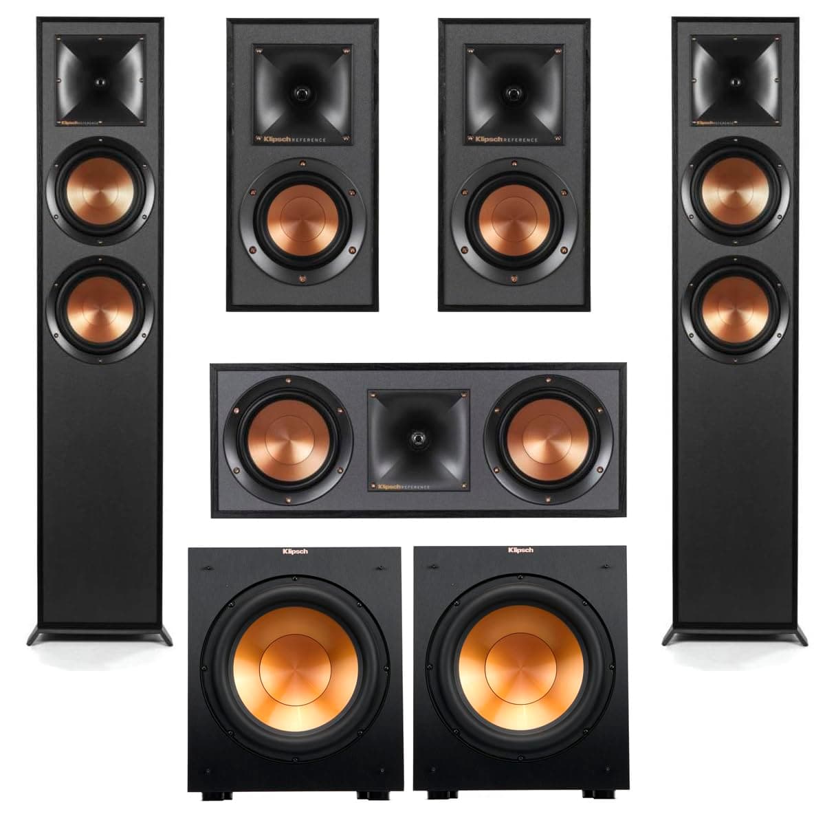 Klipsch Reference Series 5.2 Home Theater Pack with R-625FA Floorstanding Speakers, R-52C Center Channel Speaker, R-41M Bookshelf Speakers and R-12SW Subwoofers, Black