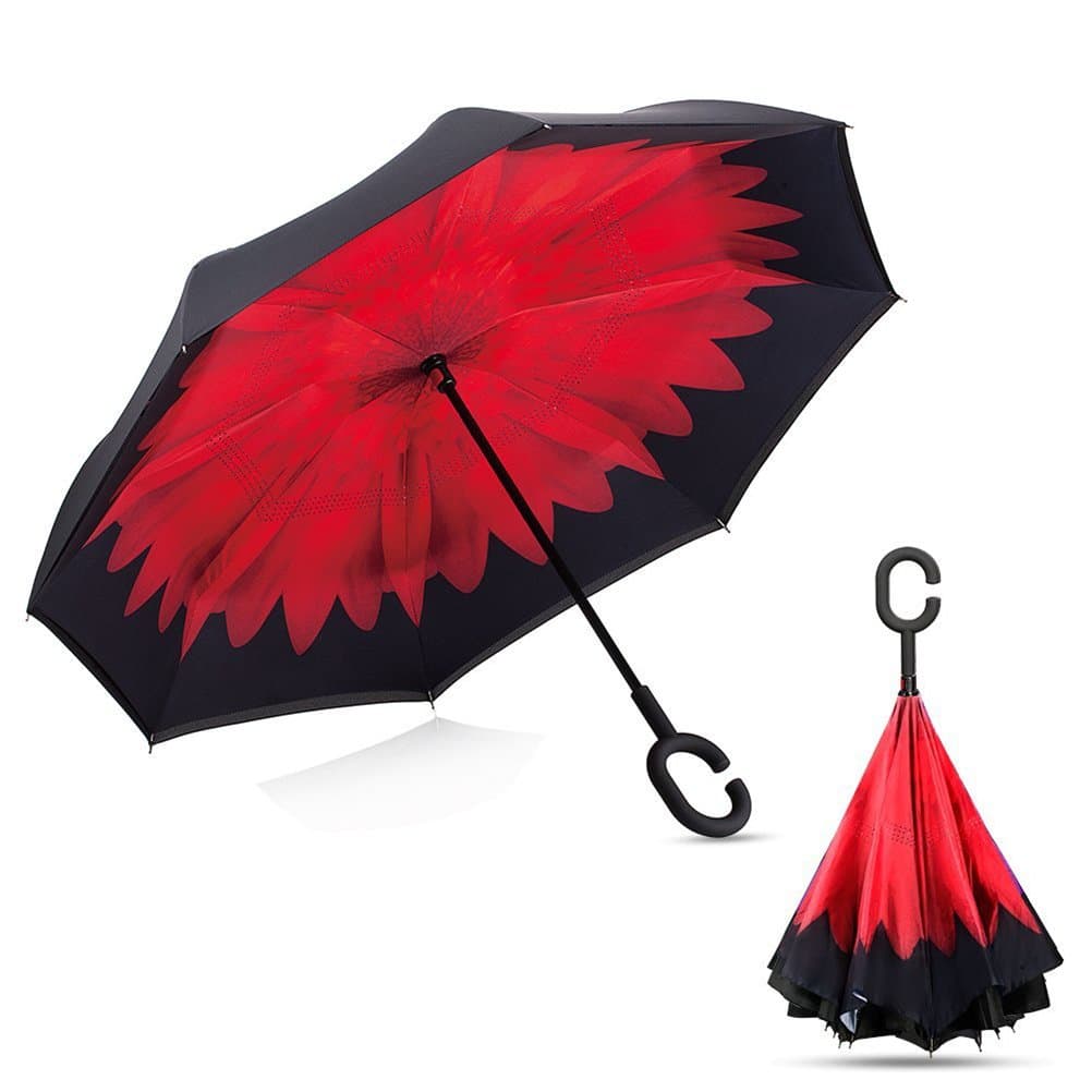 Le Papillon Inverted Umbrella Reverse Folding Umbrellas Parasol Double Layer Car Outdoor Use (Red Daisy)