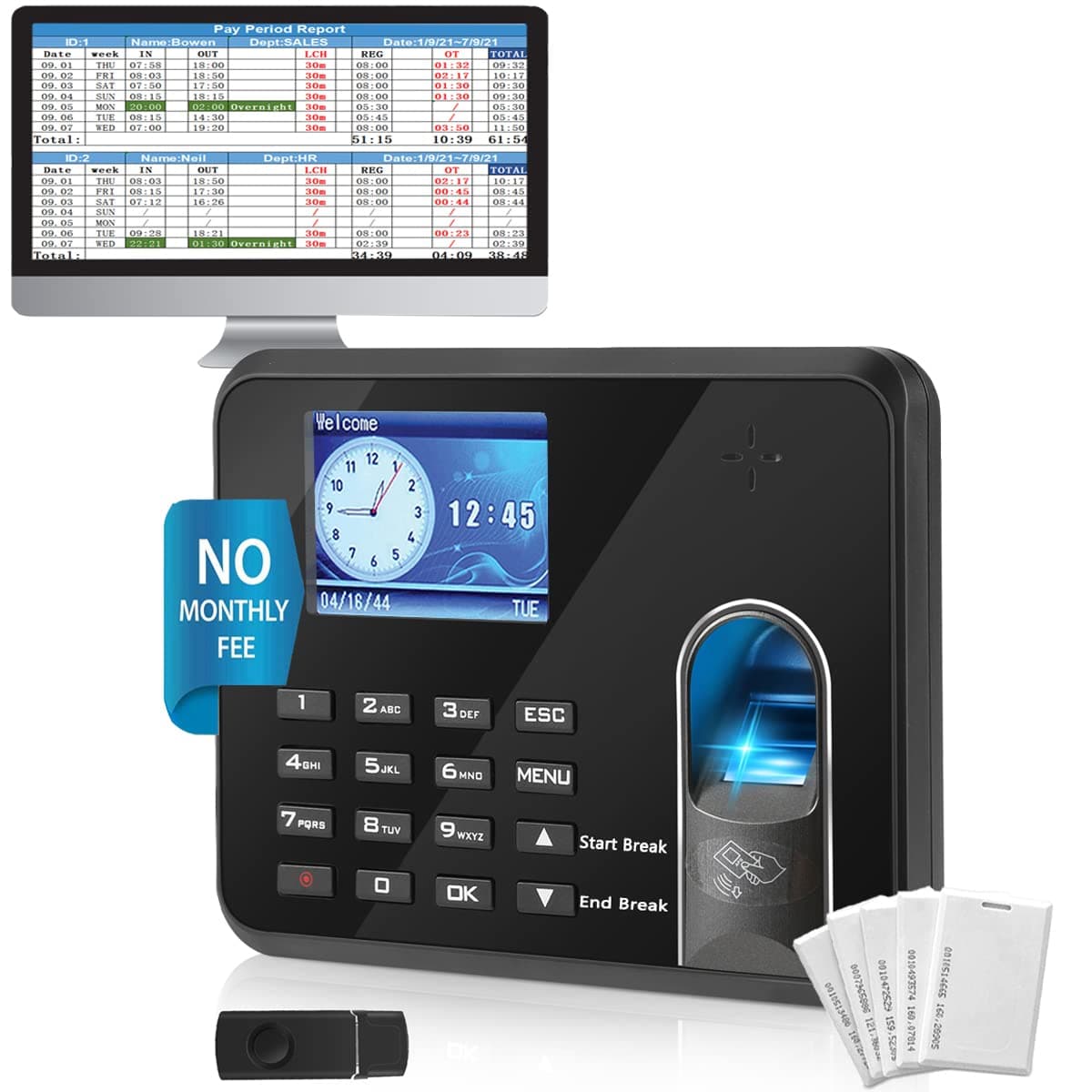 KINGHOS Time Clock Overtime, Lunch Time, Break Time and Working Hours Auto Calculate, Biometric Fingerprint Time Card Machine Office Punch Clock Automatic in and Out - NO Monthly Fee