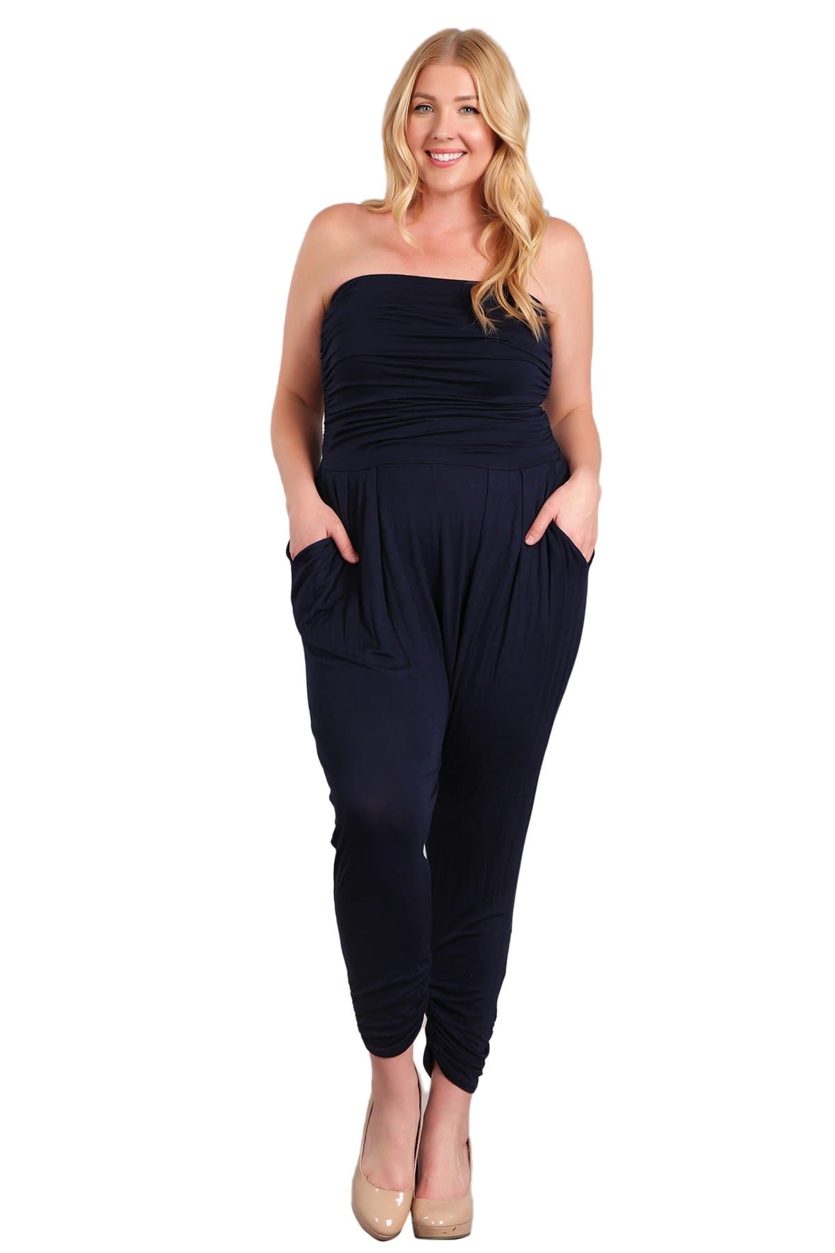 UUWRJ1039 Womens Plus Size Solid Strapless Jumpsuit with Side Pocket Detailing 1X Navy