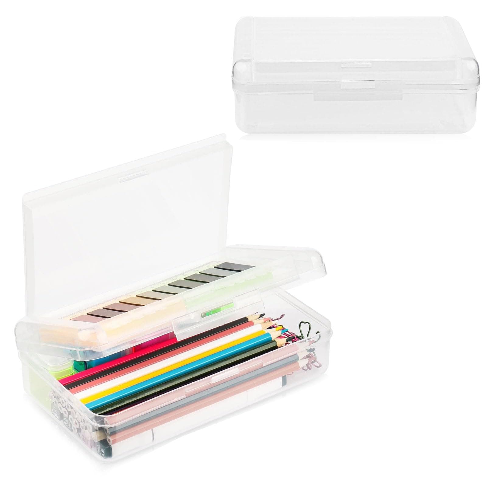 HBSTUDIO Plastic Pencil Box 2 Compartments, Large Capacity Pencil Cases Crayon Box Hard Pencil Case, Clear Pencil Boxes with Snap-Tight Lid, School Supply Box for Girls Boys Kids (1 Pack)