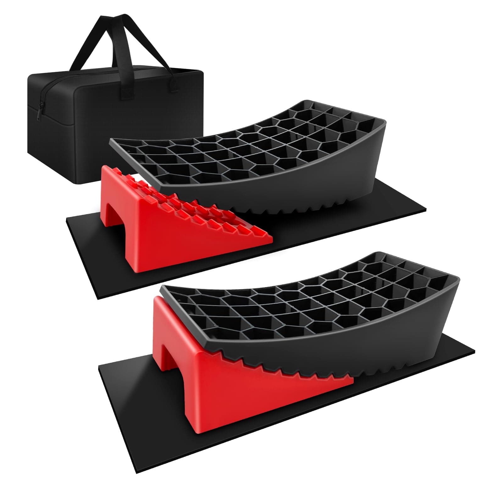 RV Leveling Blocks System, 2 Packs Camper Leveling Blocks System with 2 Chocks, Curved Trailer Leveling Blocks with Rubber Anti-Slip Mats and Carry Bag, G.V.W 35000 LBS, Red