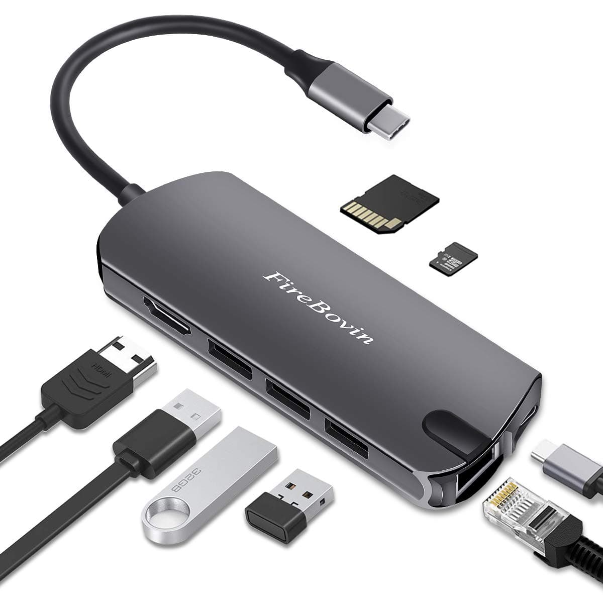 USB C Hub,8-in-1 USB Hub with Ethernet Port,4K USB C to HDMI,3 USB Adapter 3.0 Ports,SD/TF Card Reader,USB C Docking Station PD Charging,USB-c Hub for Laptop and MacBook Pro (Space Grey)