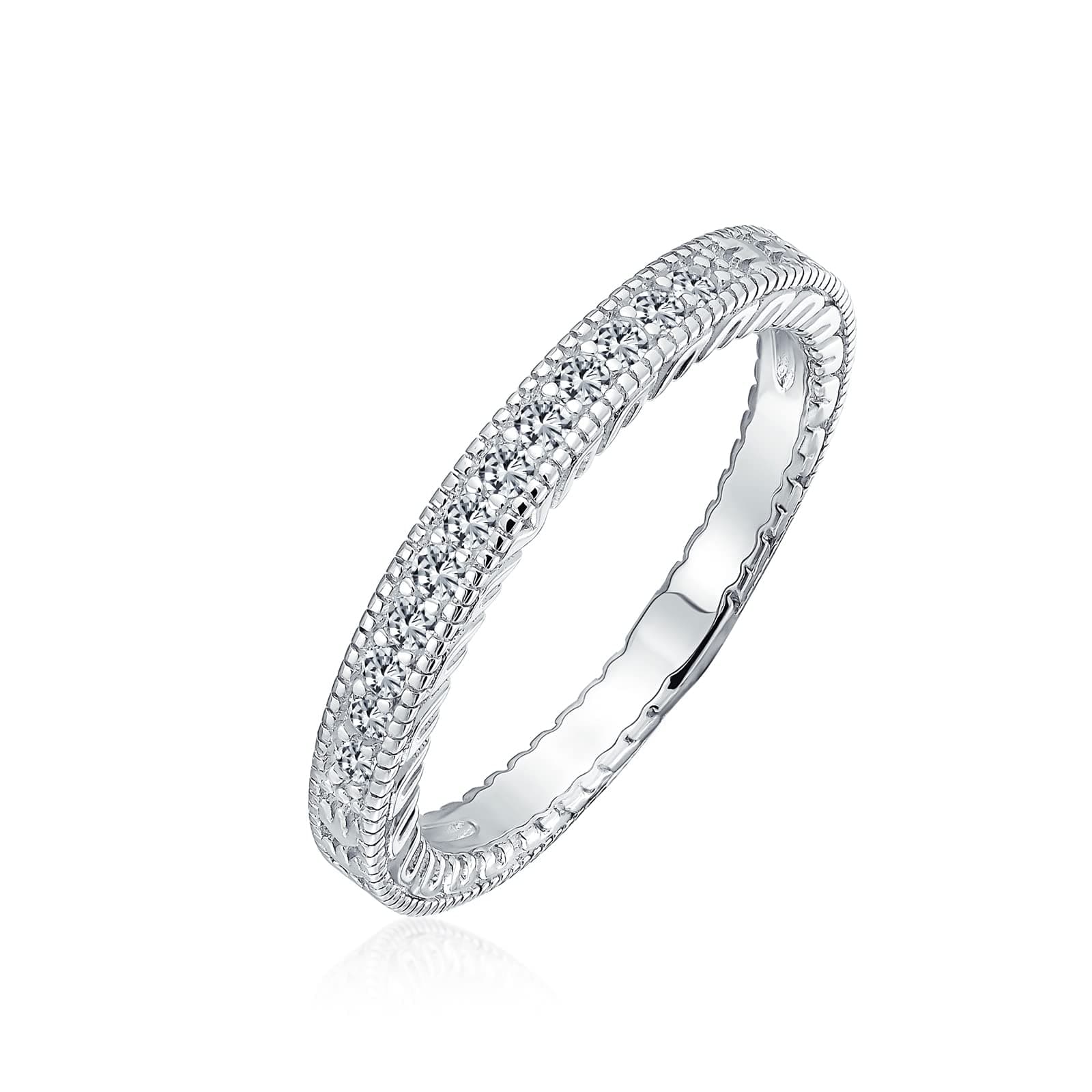 Personalize Classic Pave AAA CZ 2MM Thin Wedding Band Ring For Women Milgrain 14K Gold Plated .925 Sterling Silver