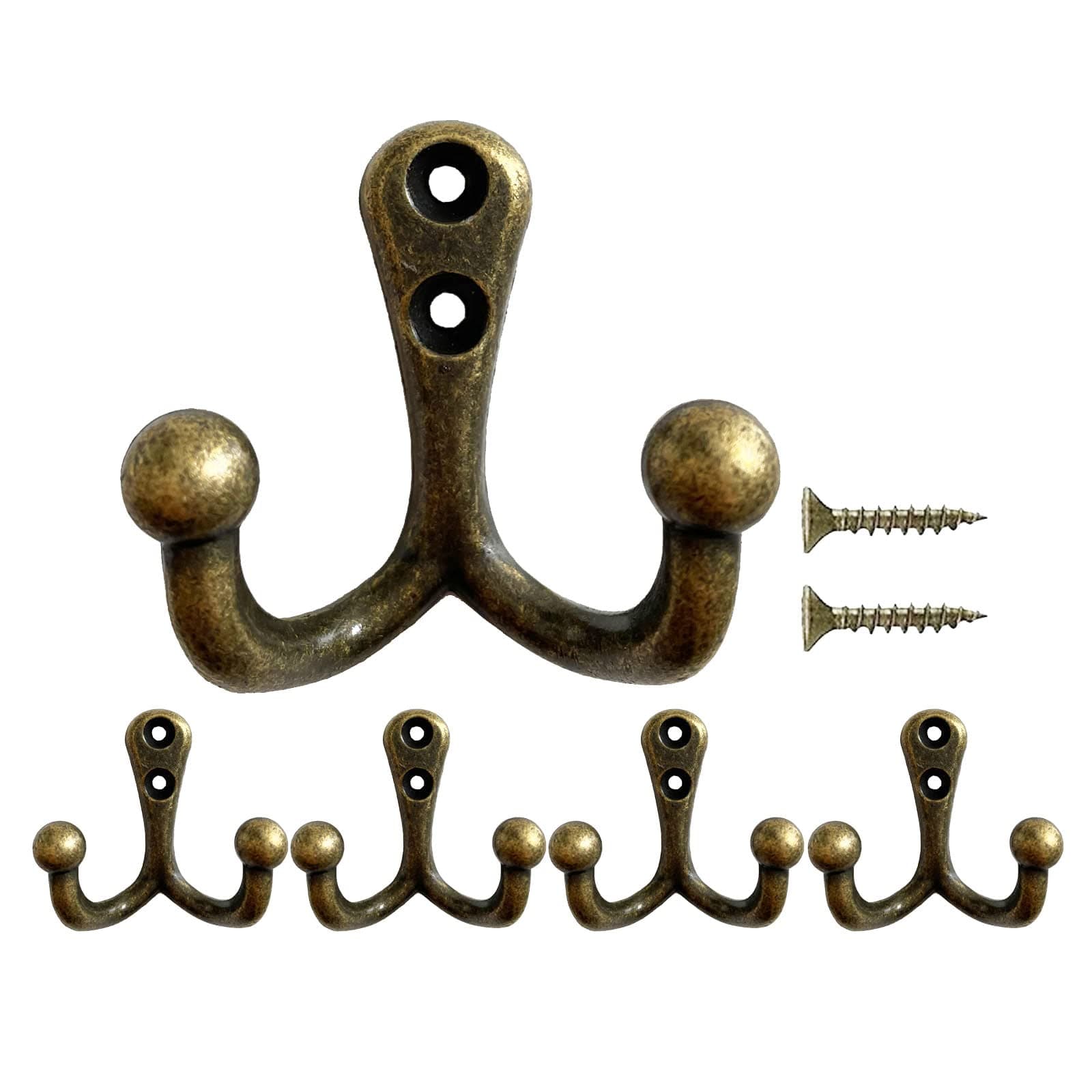 5 Pack Coat Hooks Heavy Duty Vintage Double Wall Hook Strong Entrance Hangers for Hanging Clothes Jackets Robes Towels Hats Keys Bags Cups, Bronze