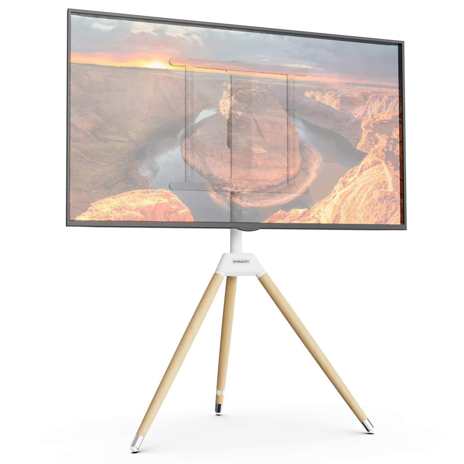 Tripod TV Stand with Easel Design Suitable Screen Sizes from 32 to 60 Inch Weight Capacity 35 kg VESA 400 x 400 Height Adjustable Rotatable White Wooden