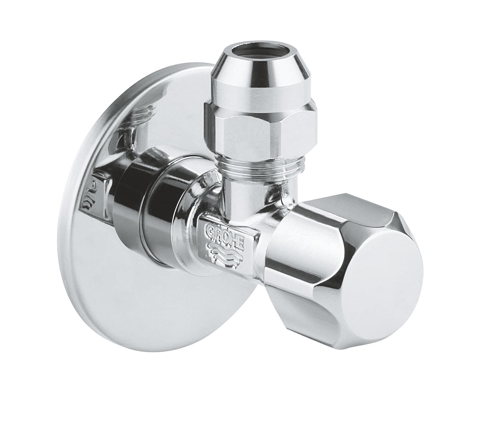 Grohe angle valve safety technology (for single lever tap with self-sealing connection thread, 1/2-inch wall connector with push-on rosette, 3/8-inch outlet), 22023000.