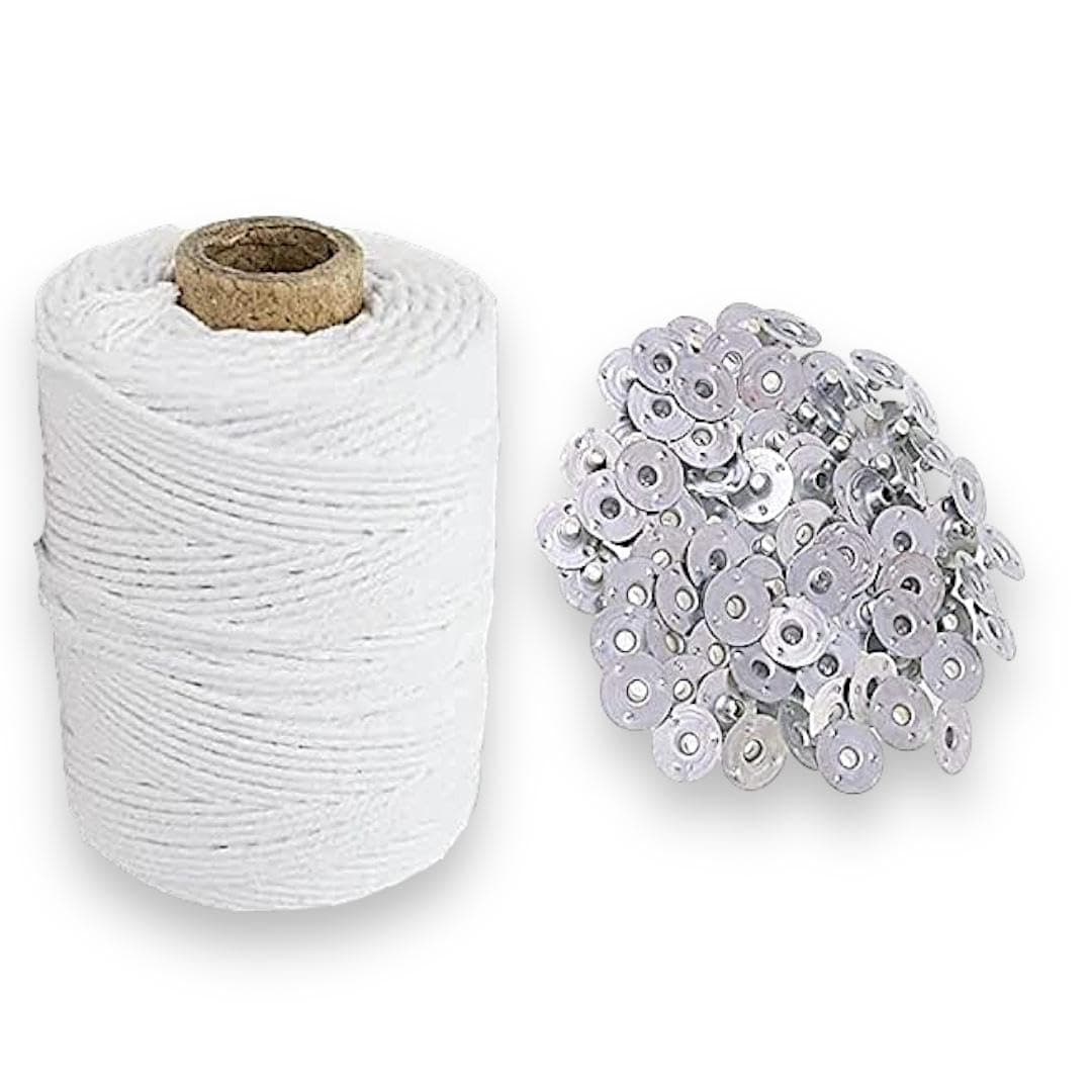 Candle Making Wick Thread Cotton Roll 100 Gram with 100 Piece Wick Sustainer for Candle Making - White DIY