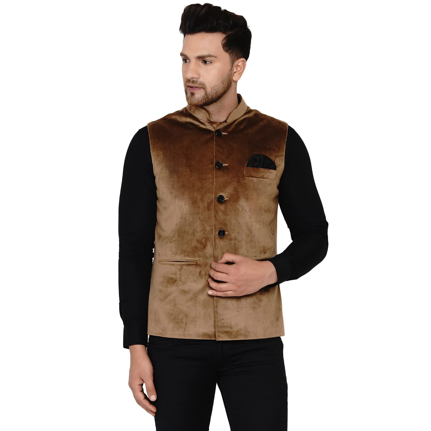 Men's Velvet Solid Nehru Jacket (Golden)