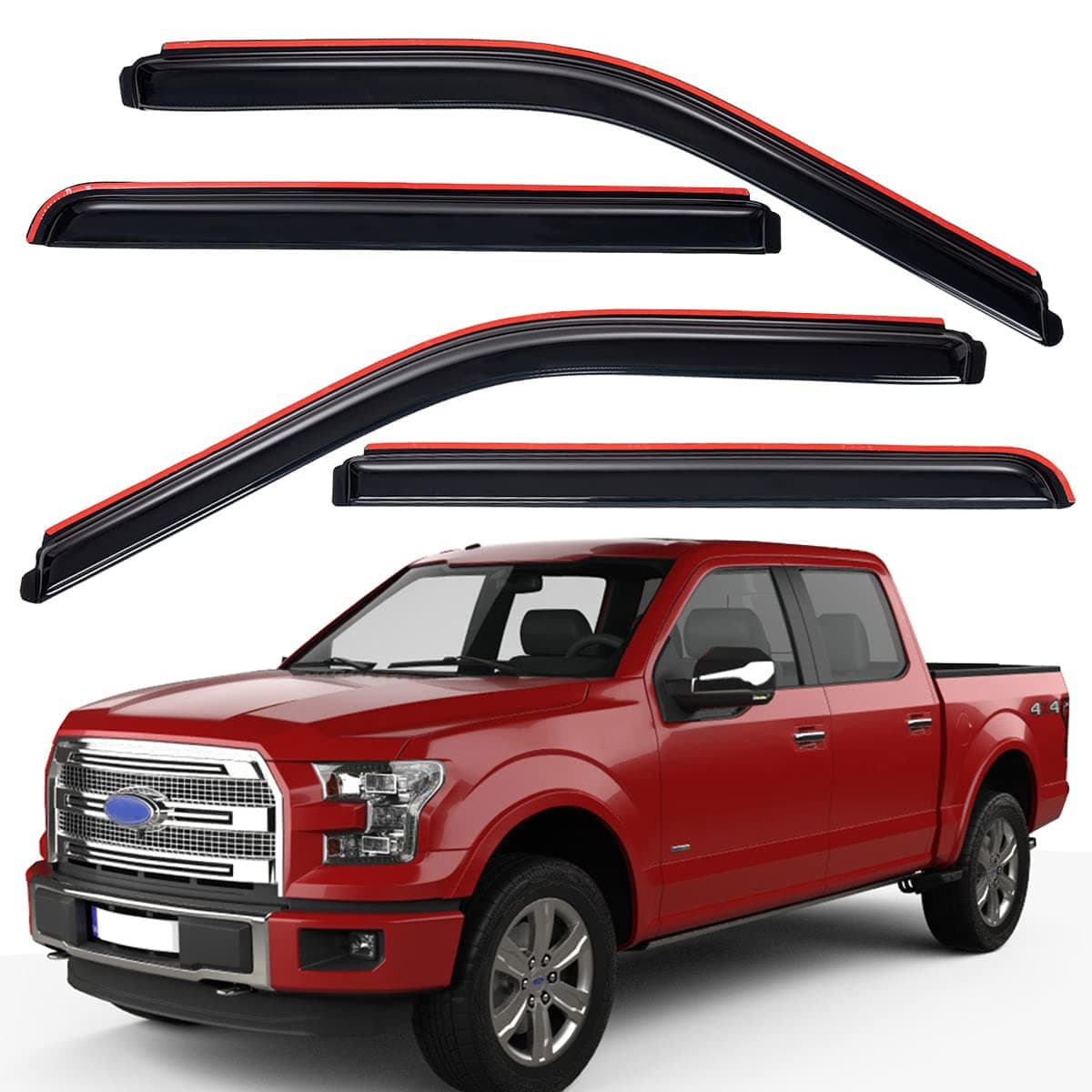 Lightronic Extra Durable Clip-on in-Channel Auto Vent Window Visor, Fits 2015-2025 Ford F-150, 2017-2025 F-150 Raptor, SuperCrew, UV Protection Rain Guard, Original Wind Deflector, Dark Smoke, 4-Pcs