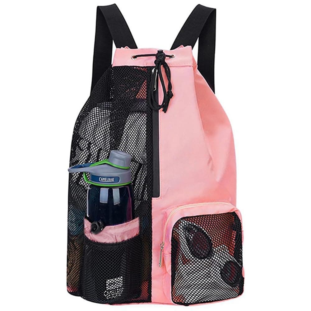 Swimming Drawstring Bag,Backpack with Wet Pockets,Beach Storage Backpacks,Mesh Swim Equipment Beach Bag for Swimming, Gym, and Workout Gear(Pink)