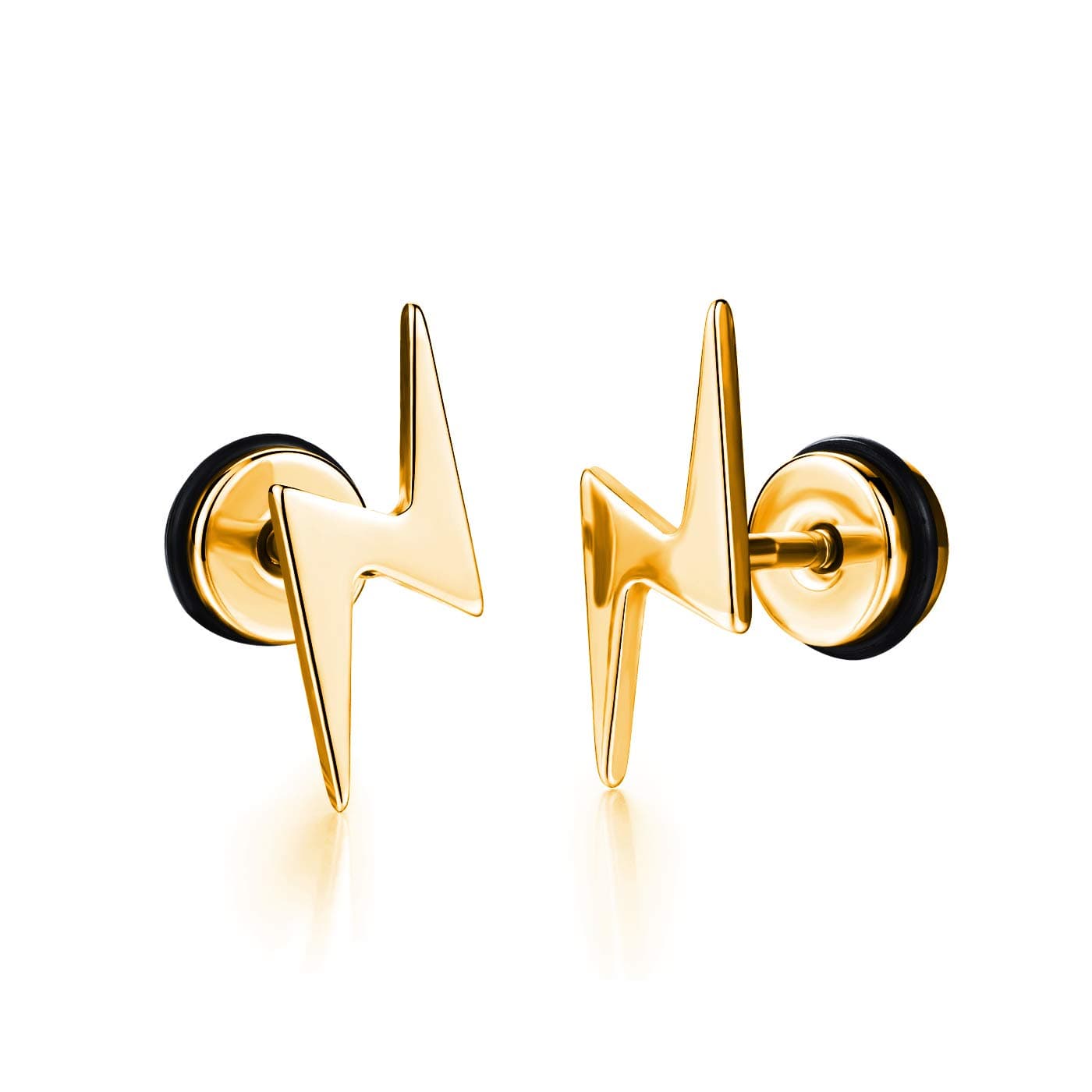 Unisex Screw Flat Back Lightning Bolt Stud Earring in High Polished Surgical Steel - Plated in 14K Yellow Gold or 925 Sterling Silver