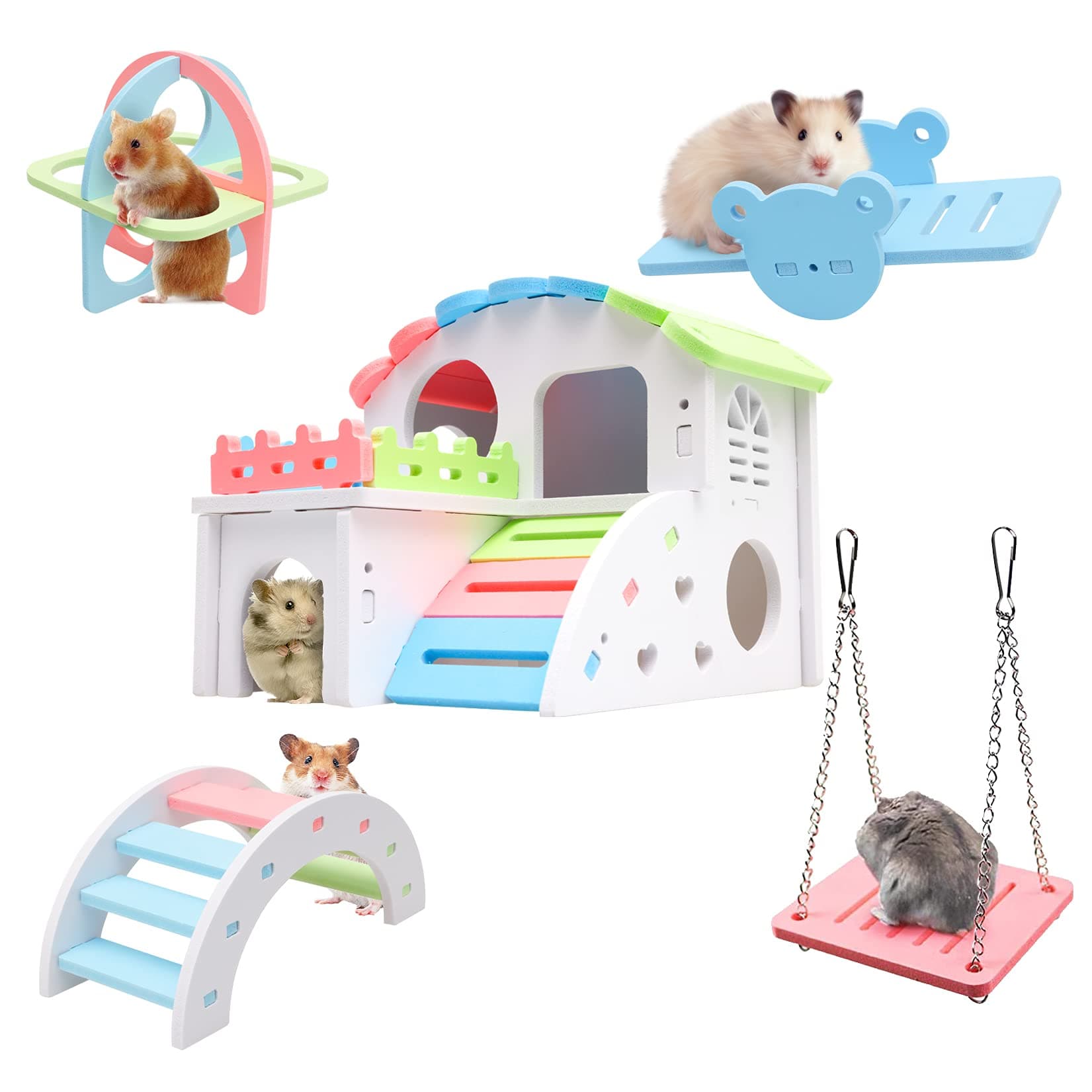 Hamster Toys Set, Improved Version 8.7 IN Large Hamster House, Wooden Gerbil Hideout, Small Animals Seesaw, Guinea Pig Sport Exercise Toys, Rainbow Bridge, Swing, Dwarf Hamster Cage Accessories