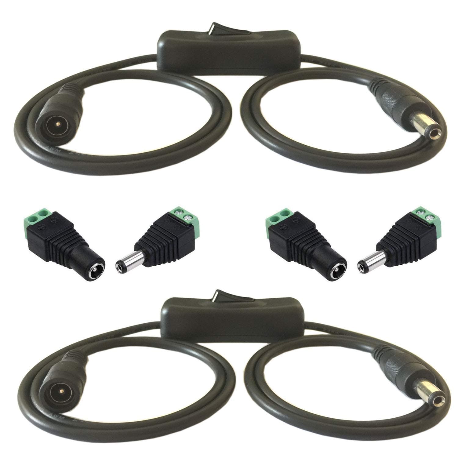 2pcs 1m/3.3ft DC Extension Cable 5.5mm x 2.1mm Male to Female Connector w/ON Off Rocker Switch Toggle Switch DC Jack 5V-24V Power Cord for Power Adapter, 12V CCTV Wireless IP Camera, Car, LED- Black