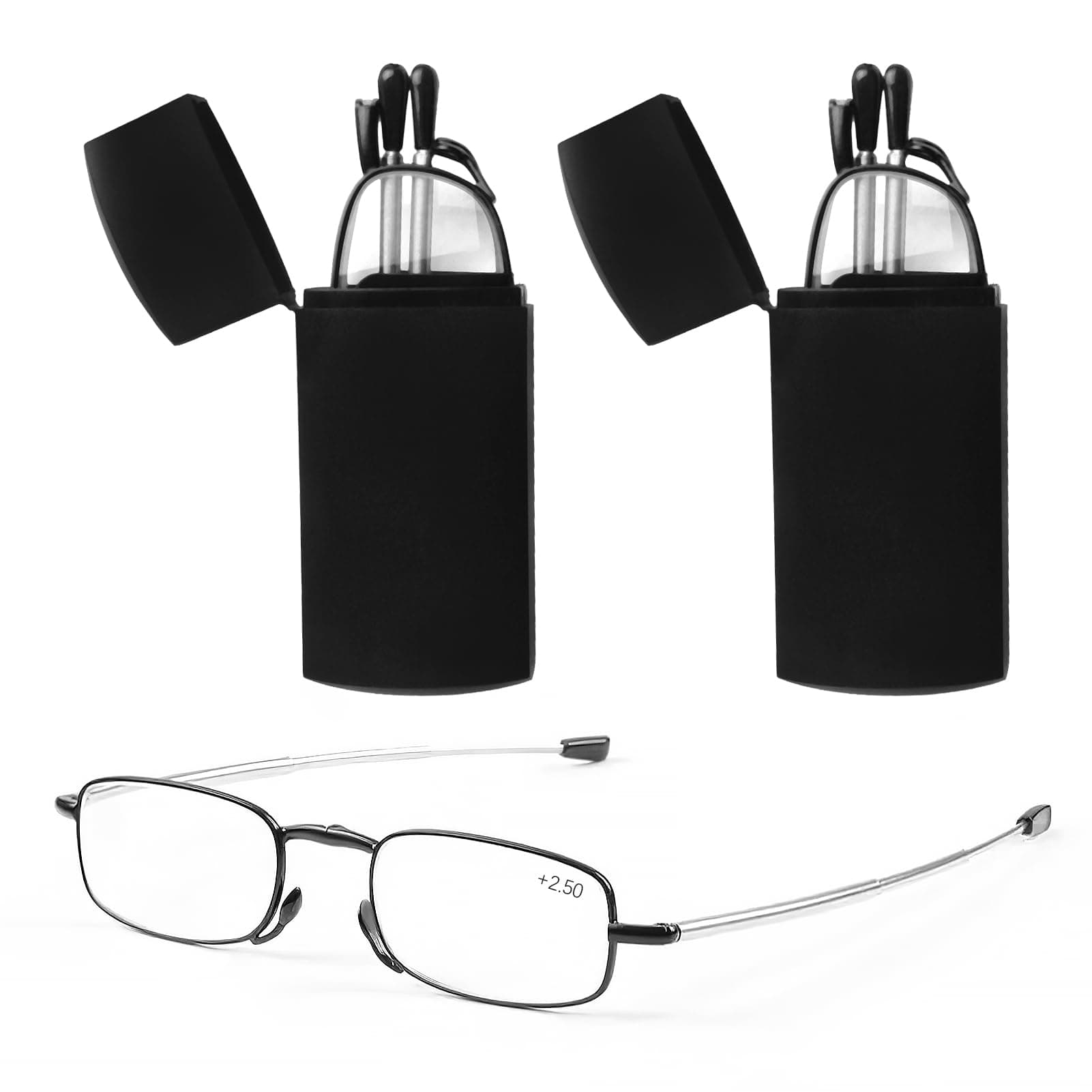 2Pair Folding Reading Glasses With Flip Case, Portable Blue Light Blocking Pocket Reader Mini Compact Magnify Glasses Spring Hinge Lightweight Presbyopic Glasses for Men Women