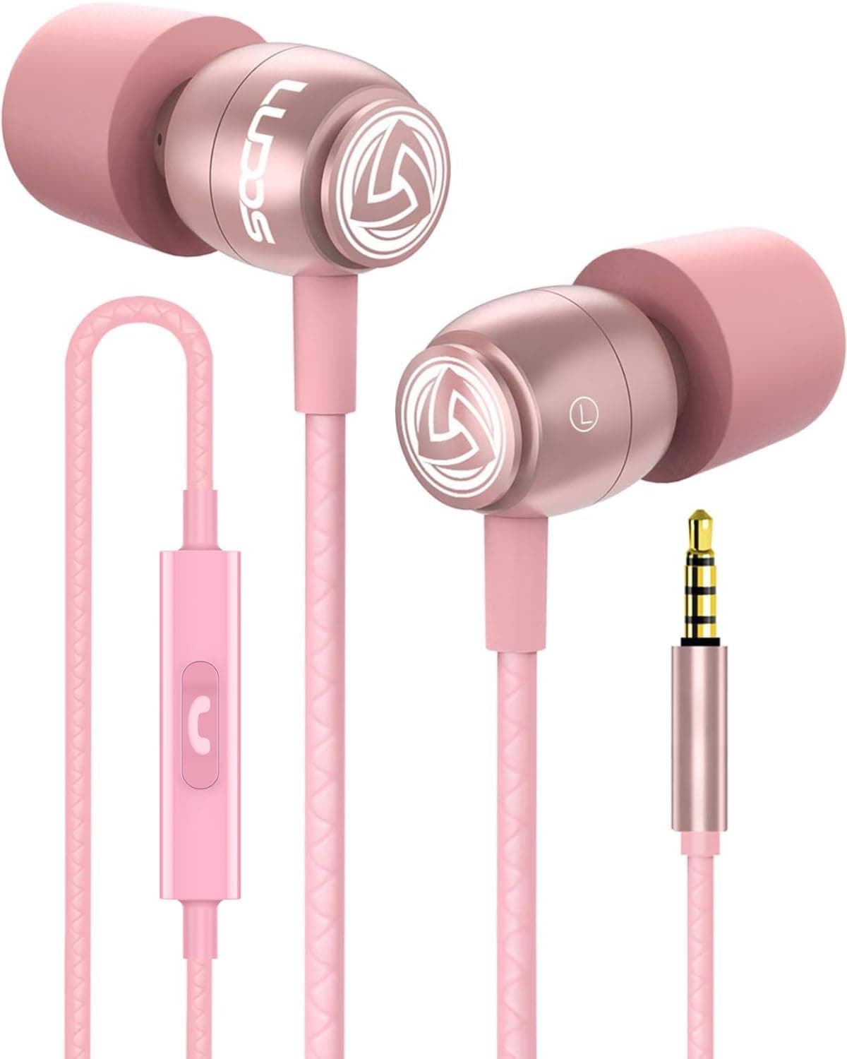 LUDOS Clamor Wired Earbuds in-Ear Headphones, 5 Years Warranty, Earphones with Microphone, Noise Isolating Ear Buds, Memory Foam for iPhone, Samsung, School Students, Kids, Women, Small Ears - Pink