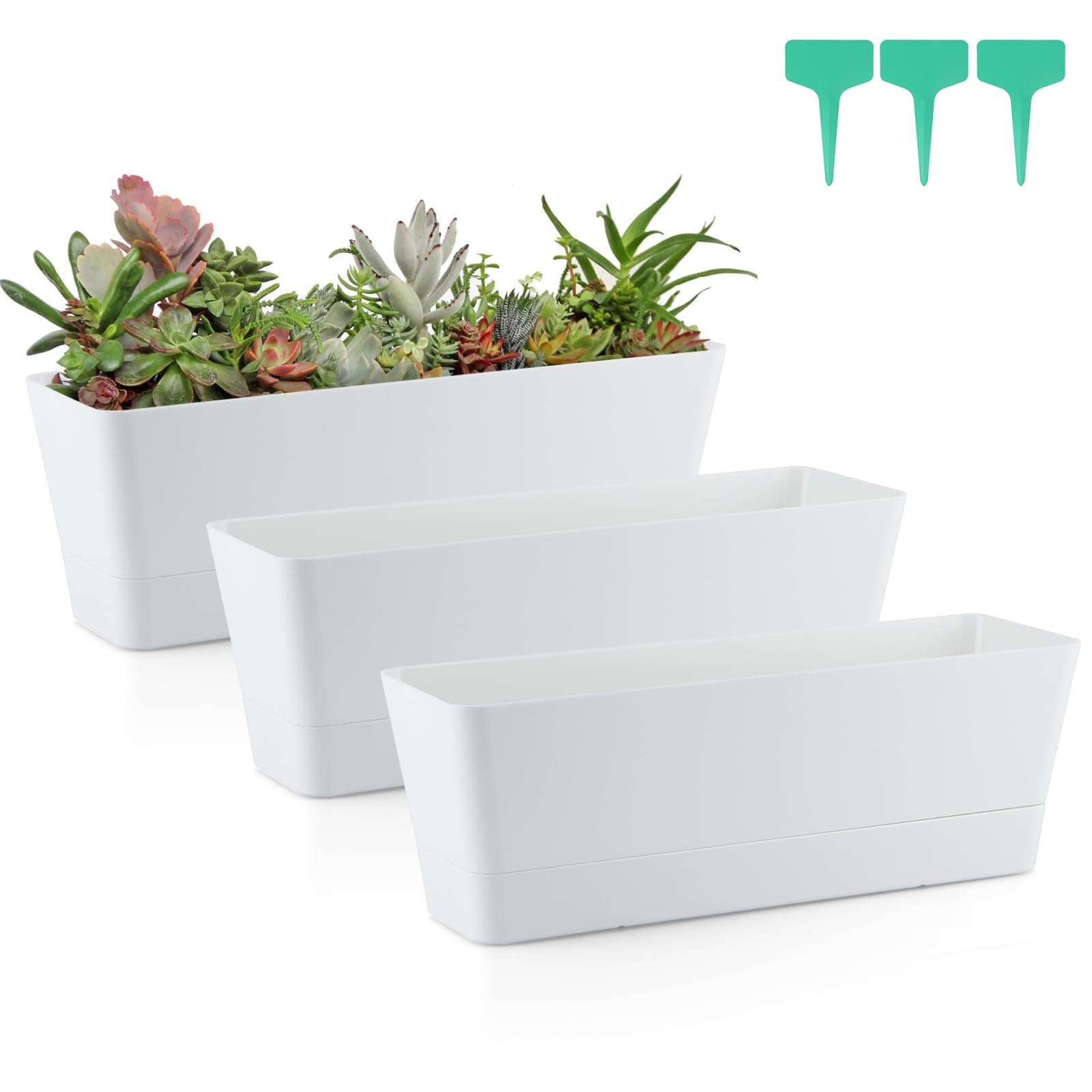 Skelang 3 Pcs Rectangular Plant Pot, 12" Flower Planter Box, Windowsill Container for Succulent, Herb, Vegetable (White)