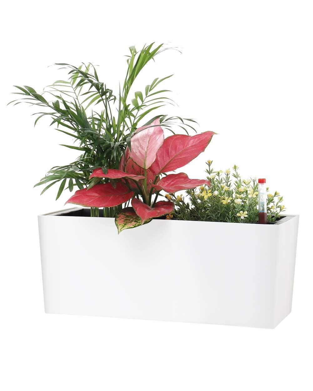 14" Self Watering Planter Pots with Water Level Indicator, Rectangle Matte Plastic Window Box for Indoor Outdoor, Herbs Succulents Flowers House Plants (White)