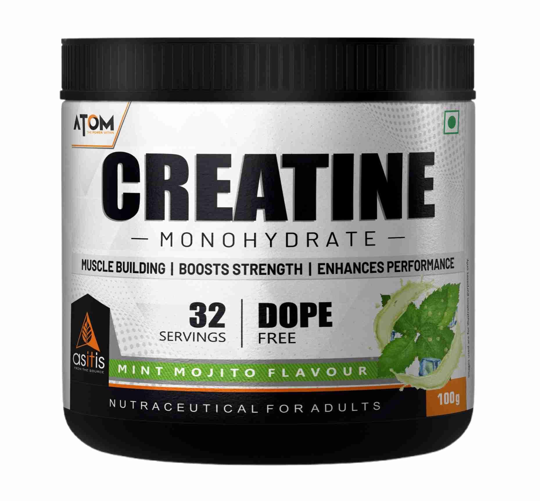 AS-IT-is Atom Creatine Monohydrate 100g - 32 Servings | Dope Free | Enhances Performance | Promotes Muscle Gains | Mint Mojito Flavour