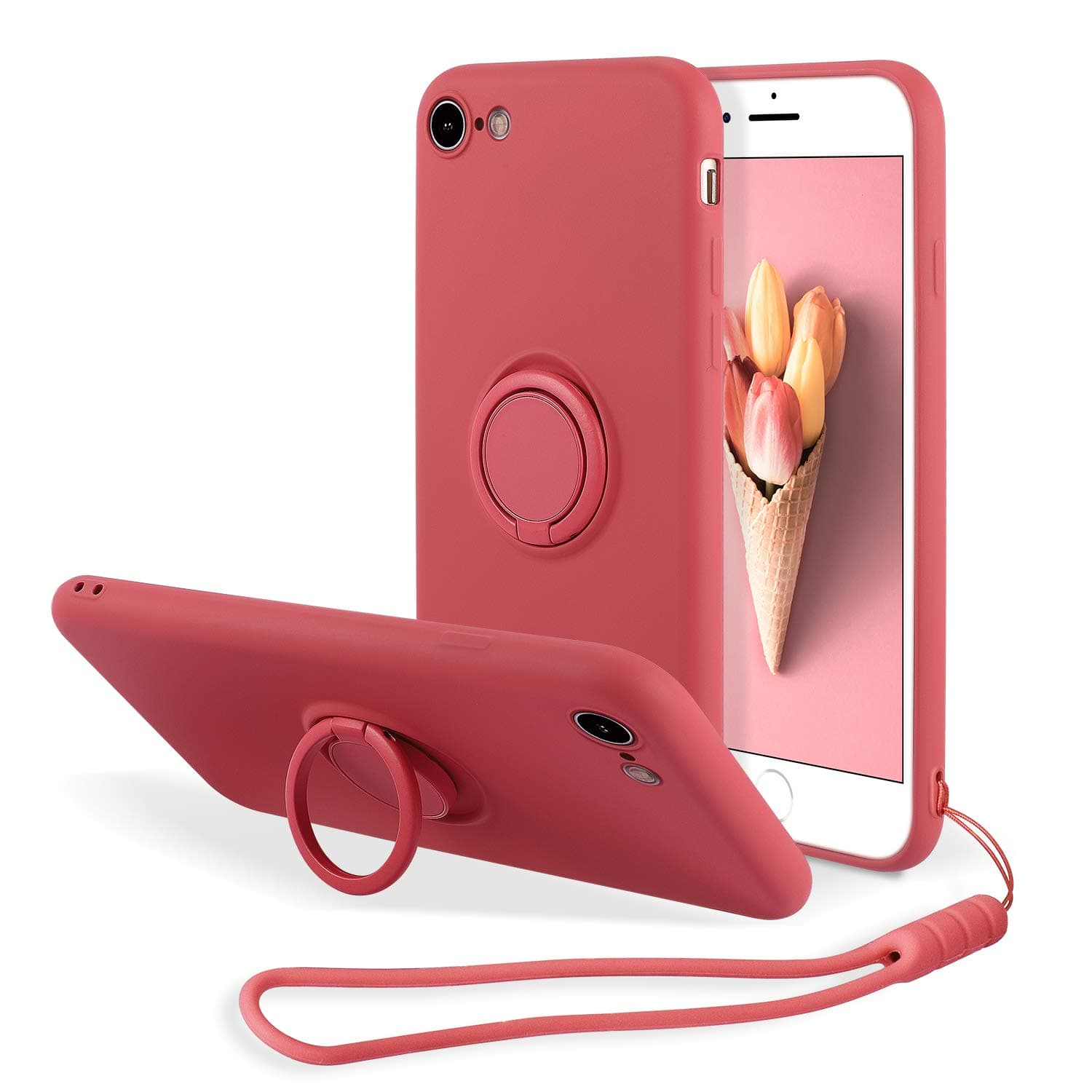 UEEBAI Case for iPhone SE 2022 5G/iPhone 7/iPhone 8/iPhone SE 2020, Slim Liquid Silicone Phone Case with Ring Holder Kickstand Hand Strap Magnetic Car Mount Bumper Cover iPhone SE3/SE2 - Rose Red