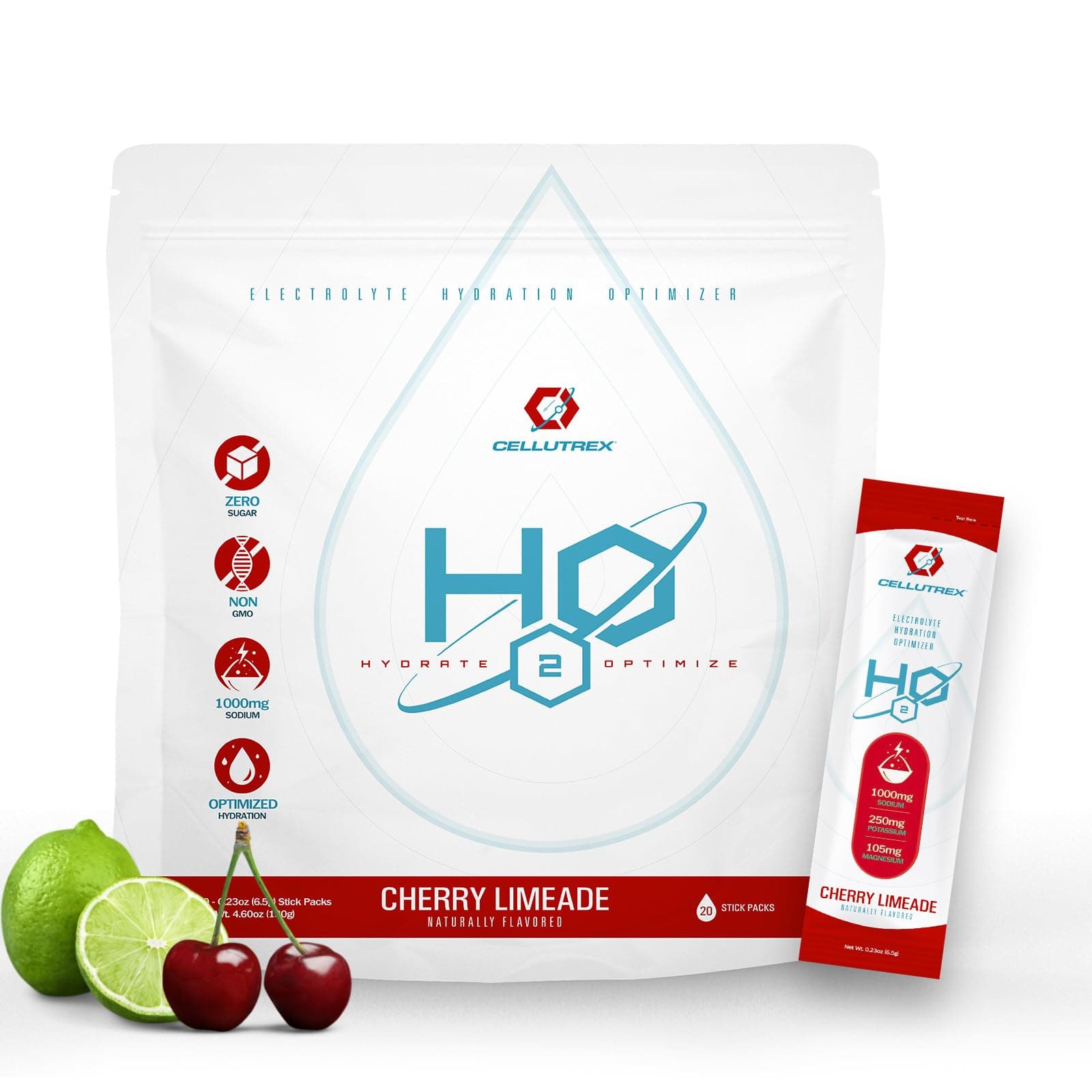 Cellutrex® H2O Electrolytes - Cherry Limeade | Zero Sugar Electrolyte Powder Drink Mix | Natural Salt, Non-GMO Electrolytes for Workouts, Fasting, Wellness, and Travel | 20 Easy-Open Stick Packs