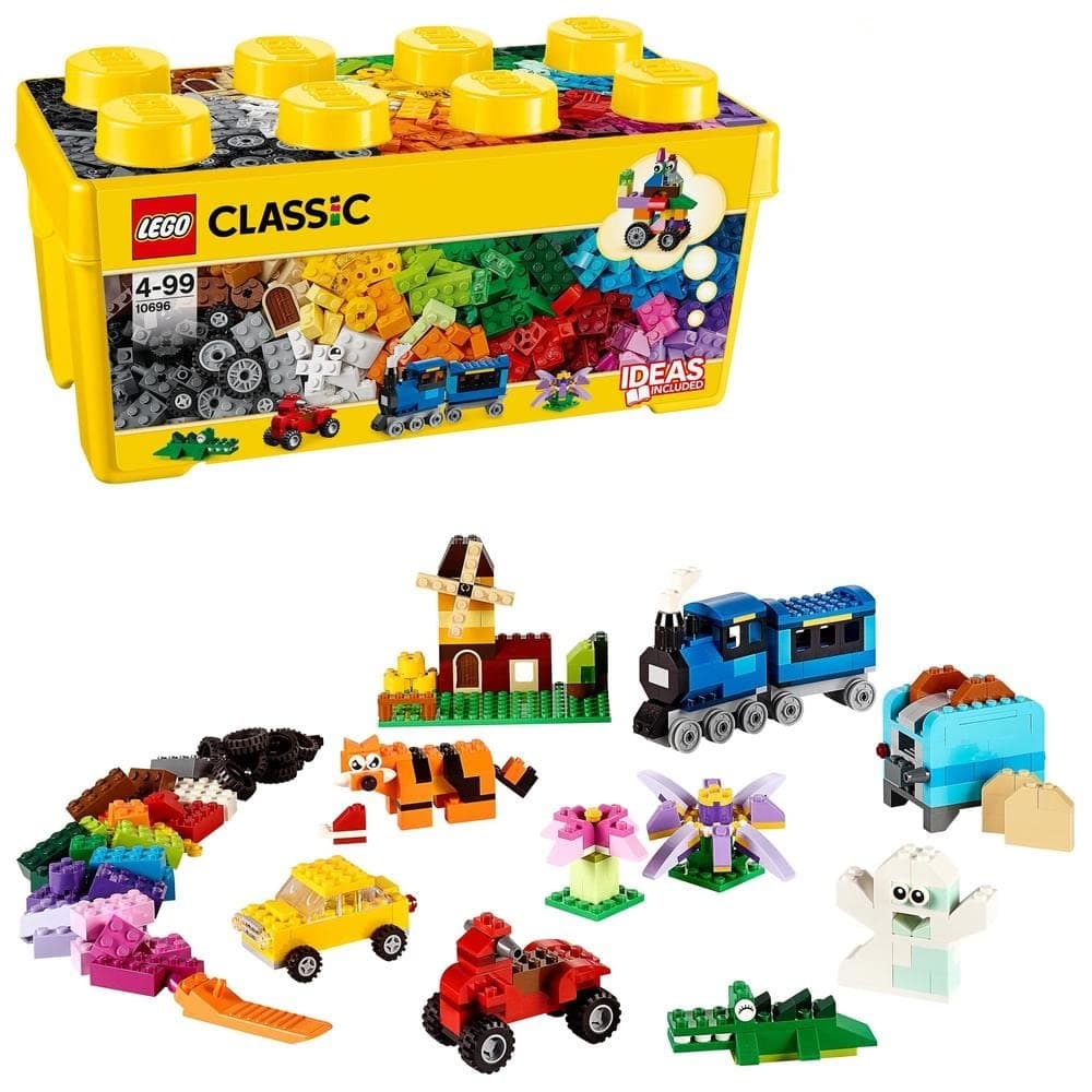 10696 Classic Medium Creative Brick Box, Easy Toy Storage, Colourful Bricks Building Set, Toys for Kids, Boys & Girls Aged 4 Plus Years Old with Wheels, Windows, Eyes and a Green Base Plate
