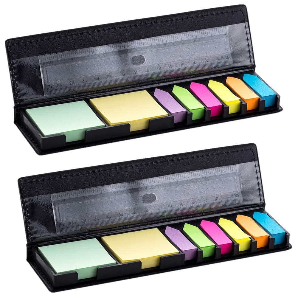Sticky Notes and Index Tabs Set, 1280 Pcs Self-Stick Notes with Colored Page Markers and Ruler, Leather Look Organizer Box for Office, School, Teacher Supplies, 2 Pack (Black)