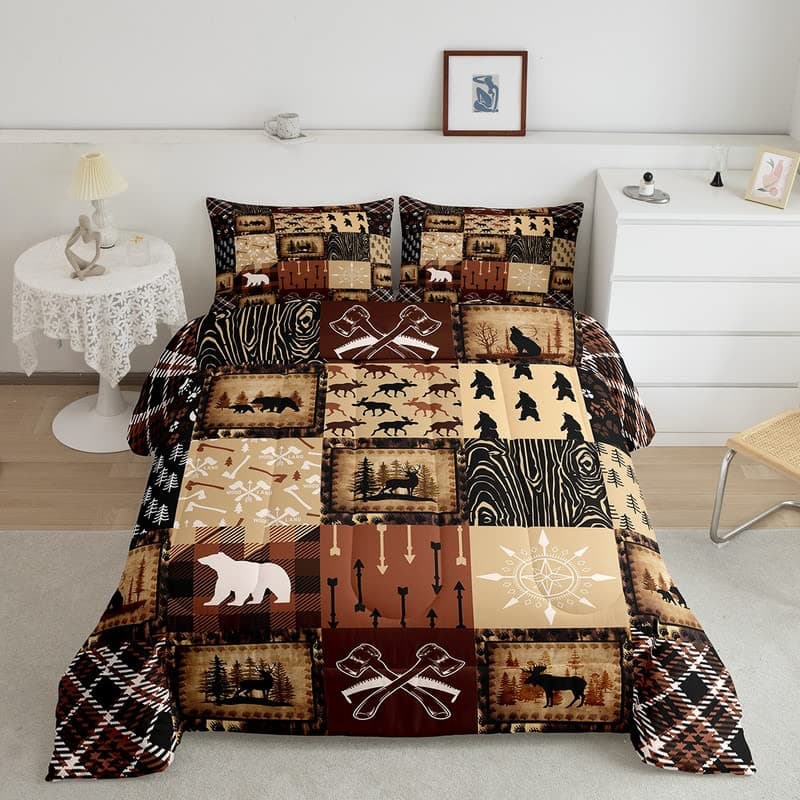Bear Comforter Set Cute Elk Print Bedding Set for Teens Farmhouse Wild Animals Style Bedding Set Plaid Grid Geocmetric Brown Black Duvet Set Room Decor 2Pcs with 1 Pillow Case Twin Size