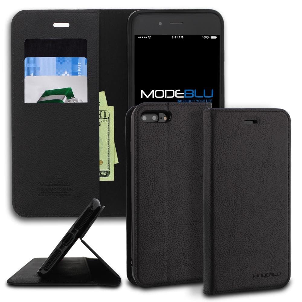 iPhone 8 Plus Case, ModeBlu [Magnetic Portfolio Case Series] [Black] Premium Synthetic Leather [Stand View] for Apple iPhone 8 Plus (2017)