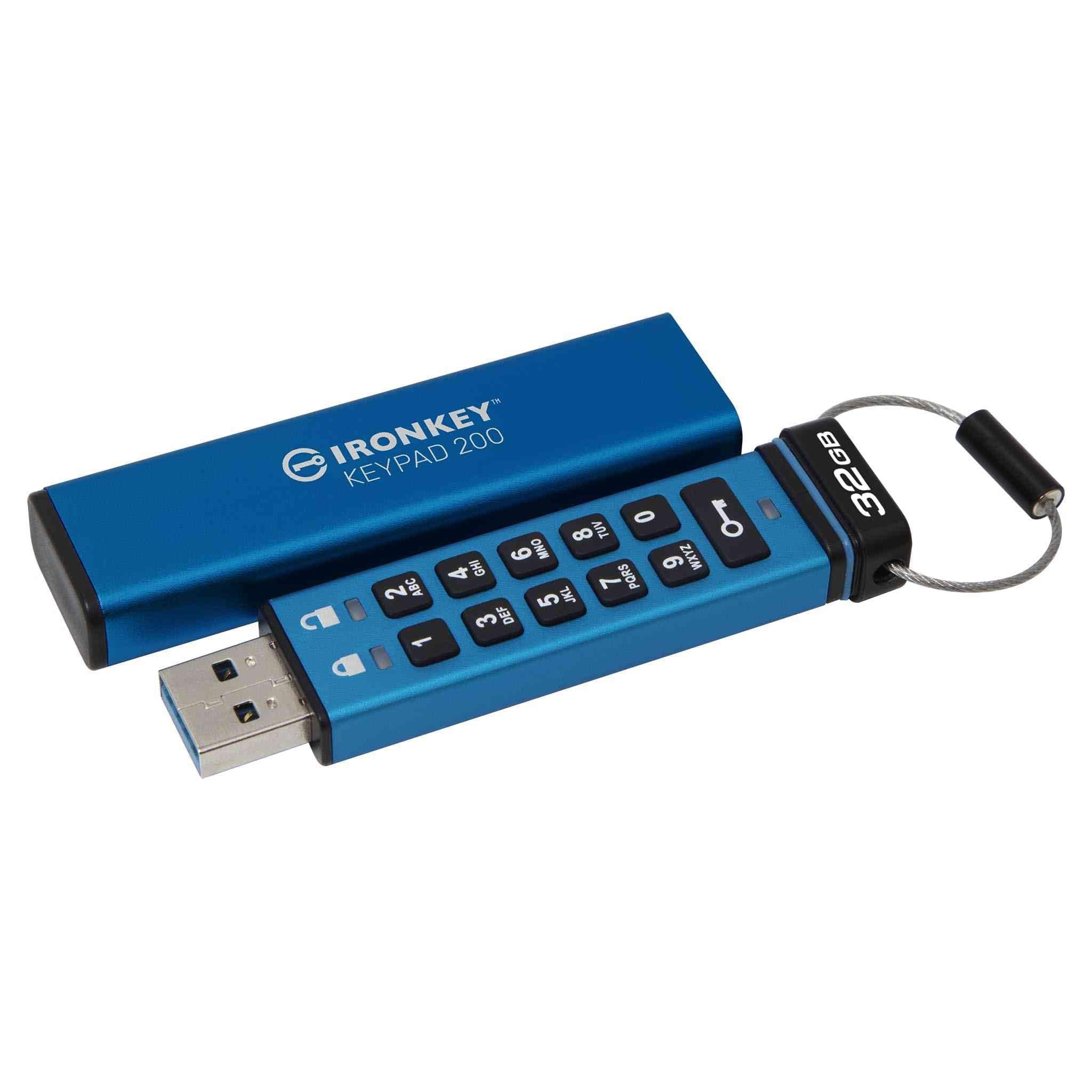 Kingston Ironkey Keypad 200 32GB Encrypted USB | Alphanumeric Keypad | Multi-Pin Access | XTS-AES 256-bit | FIPS 140-3 Level 3 Certified | Brute Force & BadUSB Protection | IKKP200/32GB,Blue