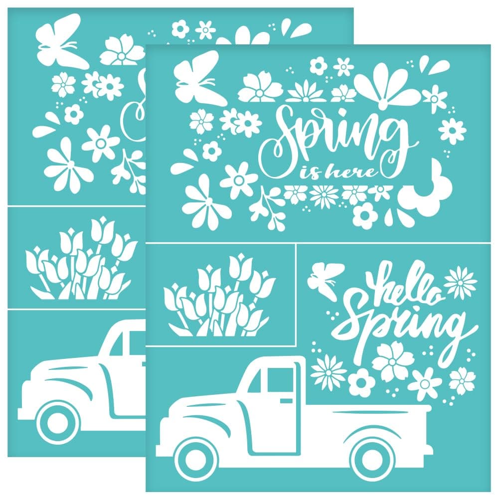 OLYCRAFT 2Pcs 22x28cm Hello Spring Self-Adhesive Silk Screen Printing Stencil Tulip Truck Silk Screen Stencil Flower Butterfly Reusable Mesh Stencils Transfer for DIY T-Shirt Fabric Painting