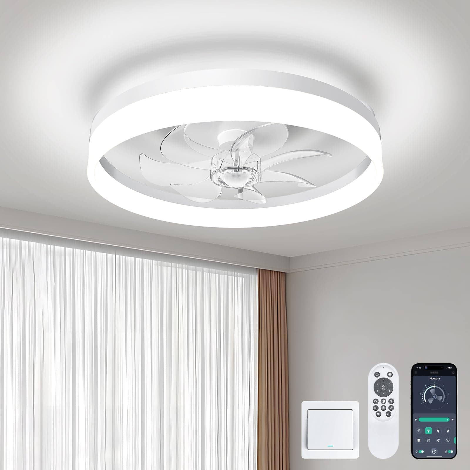 Low Profile Ceiling Fans with Lights and Remote Smart Flush Mount 20 Inch for Bedroom Bladeless Fan for Bedroom Kids Room and Living Room