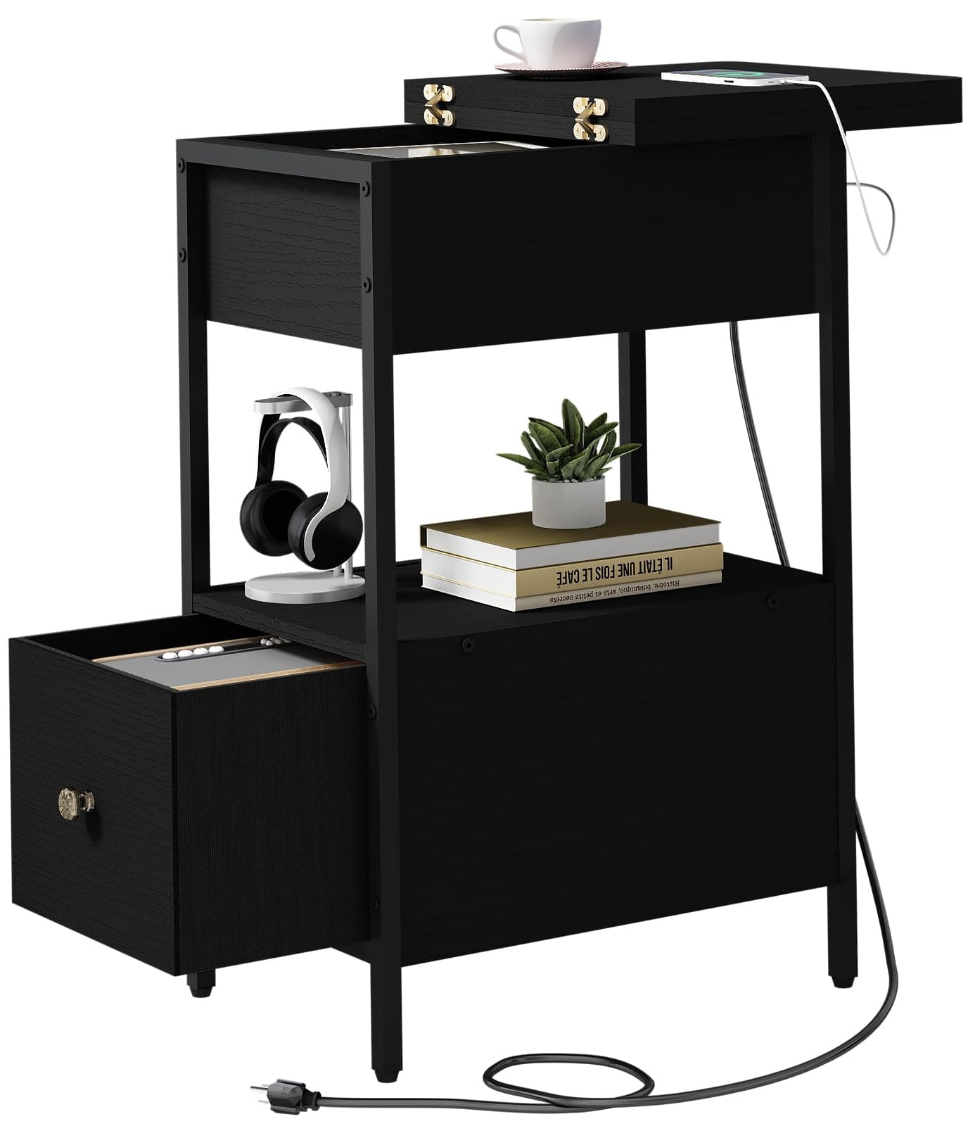 VNUUUXO SOOWERY Side Table with Charging Station, Narrow Side Table with Folding Cabinet and Fabric Box, Bedside Table for Small Spaces, Bedroom, Living Room, Black