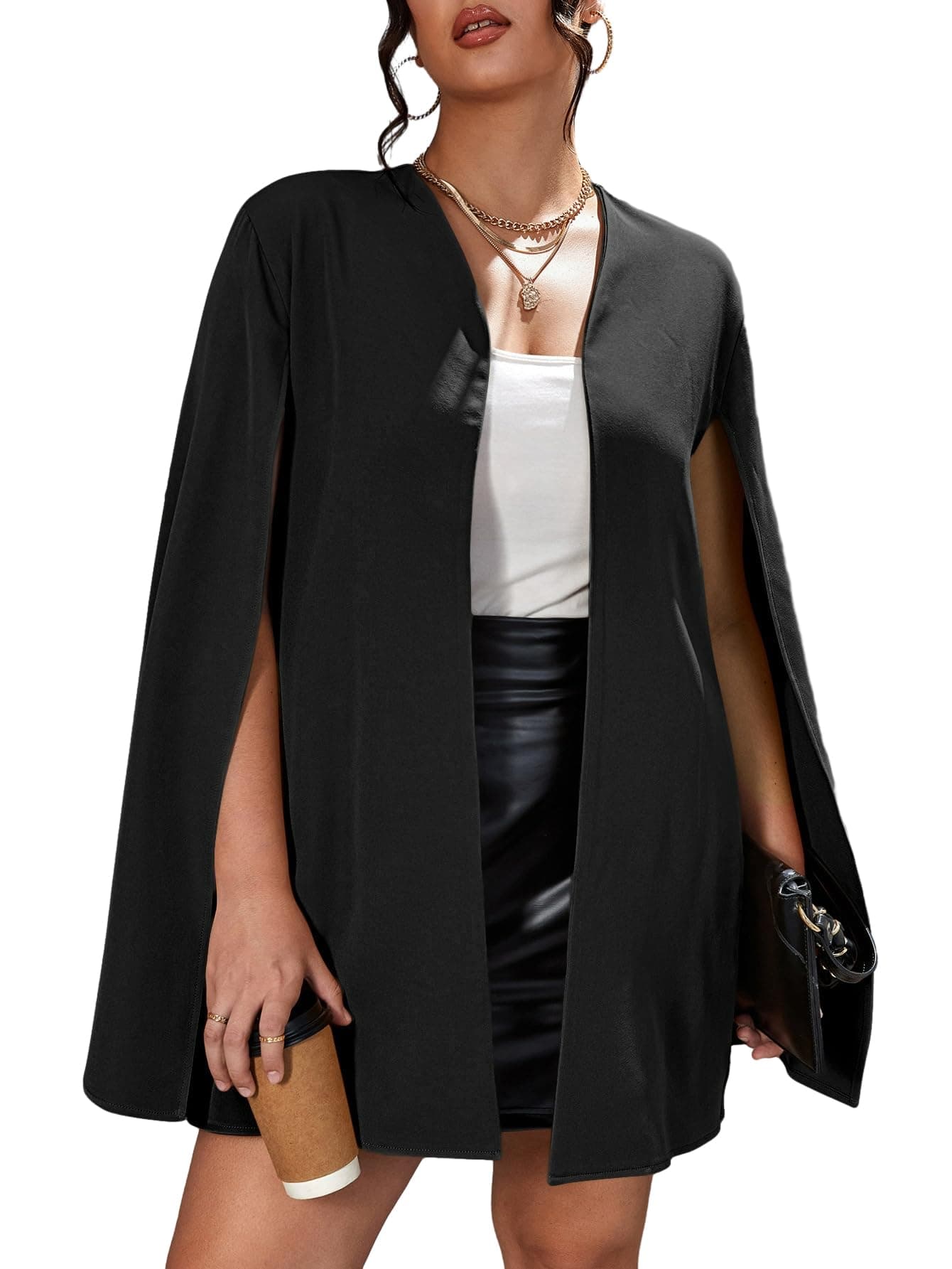 OYOANGLE Women's Plus Size Elegant Cape Blazer Split Long Sleeve Open Front Work Office Jacket Outerwear