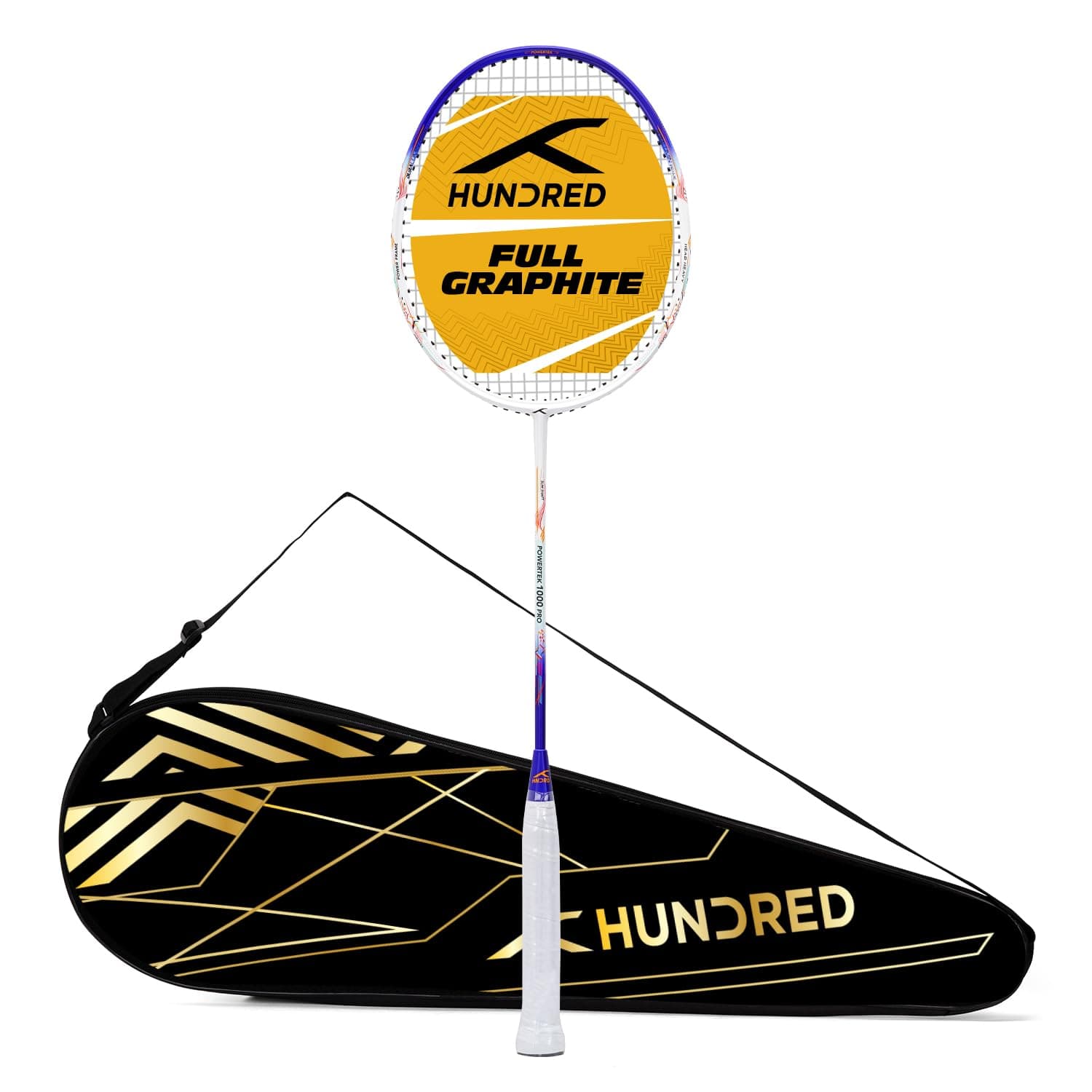 HUNDRED Powertek 1000 PRO Graphite Strung Badminton Racket with Full Racket Cover | For Intermediate Players | 95 grams | Maximum String Tension - 26lbs