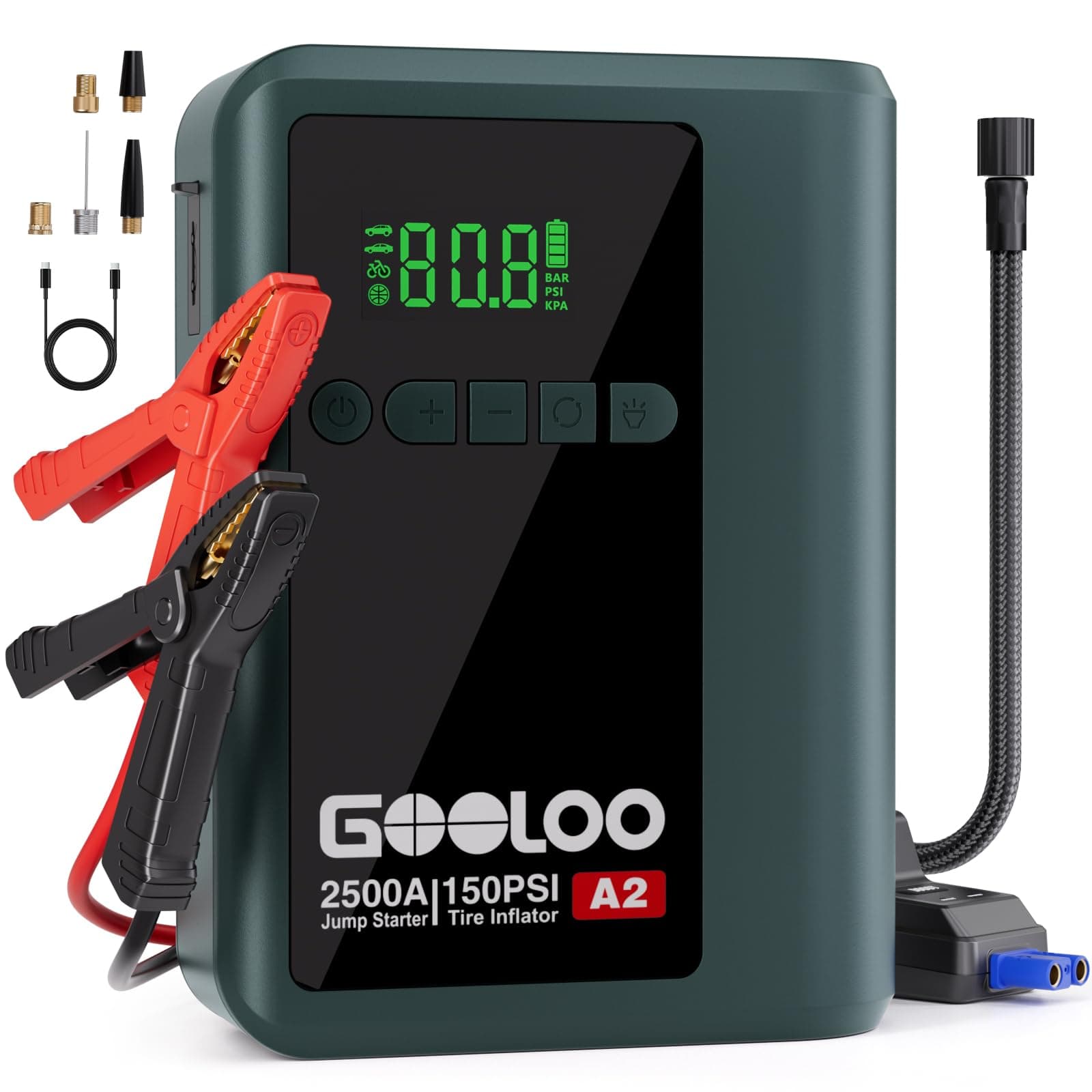 GOOLOO A2 Jump Starter with Air Compressor, 2500A Portable Car Battery Booster (8.0L Gas/6.0L Diesel) with 150PSI Auto-Shutoff Tire Inflator, 12V Supersafe Lithium Jump Box, Dark Green